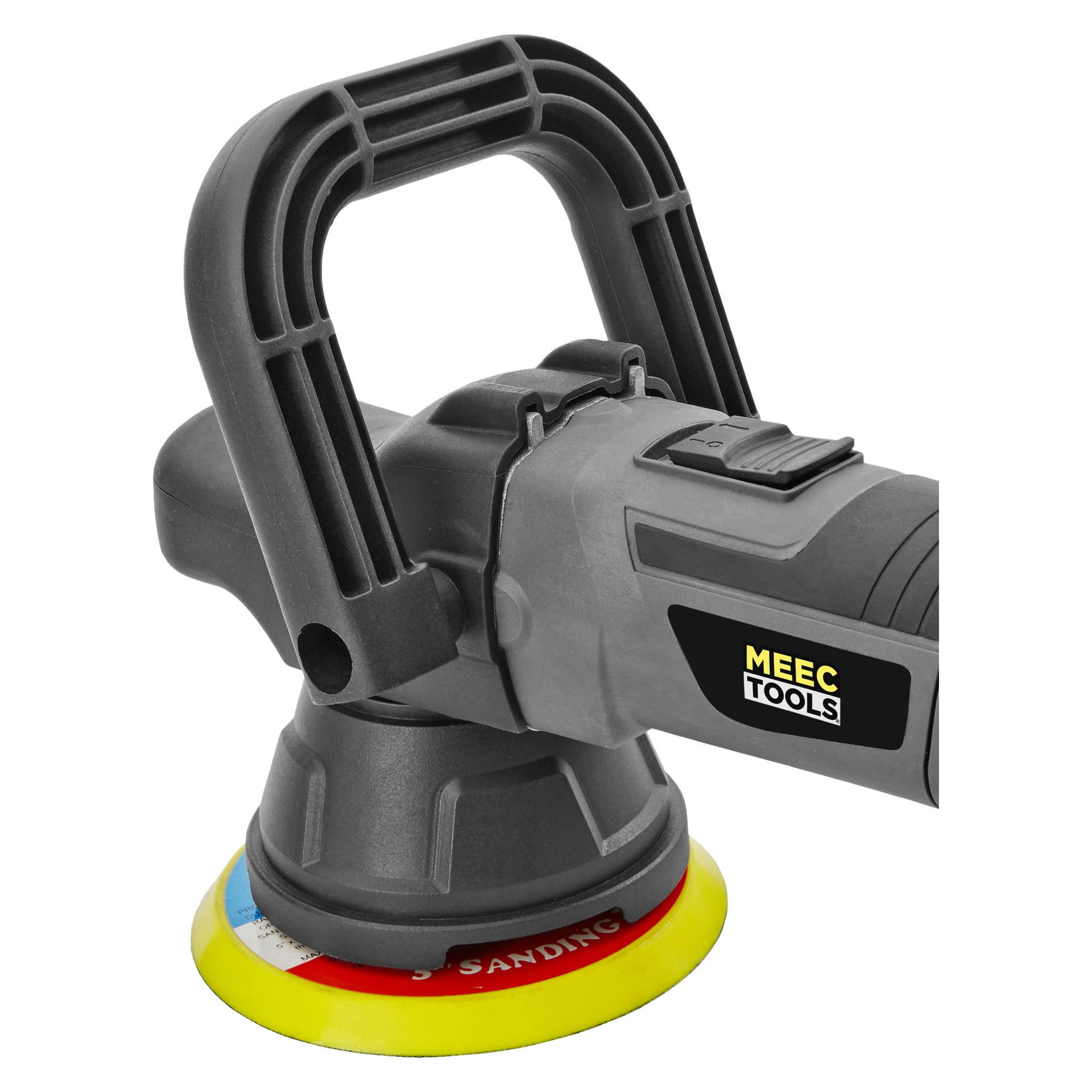 Närbild på en svart och grå Meec Tools oscillerande polermaskin, som visar dess dubbelhandtagsdesign, slipskivfäste och en säkerhetsbrytare placerad bredvid handtaget.