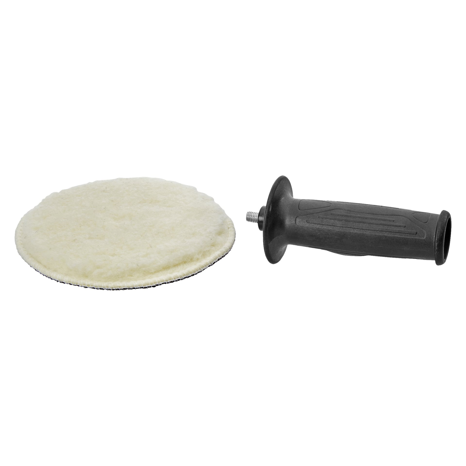 Till vänster finns en cirkulär, vit poleringsdyna från Meec Tools Polishing Machine, och till höger ligger ett avtagbart svart handtag med en gängad metallspets. Båda föremålen är placerade sida vid sida.