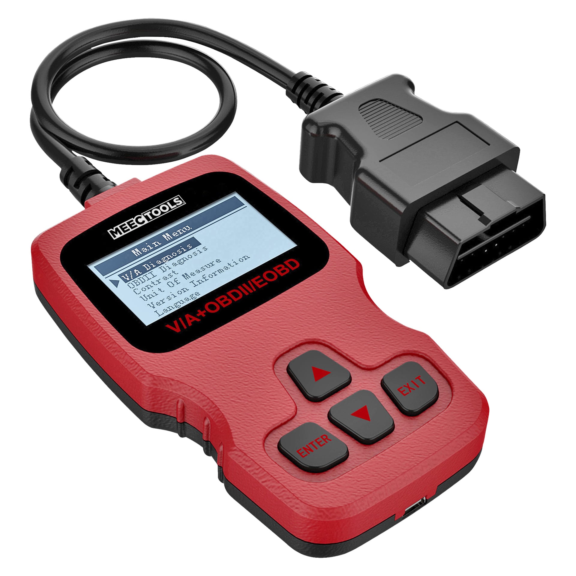 Punainen Meec Tools VAG + OBD-II -vikakoodinlukija autoille, jossa on näyttö, jossa näkyy koodien lukemisen ja poistamisen sekä tiedon katselumahdollisuudet. Laitteessa on mustat sisään- ja ulostulopainikkeet ja mukana on liitetty OBDII-liitin.