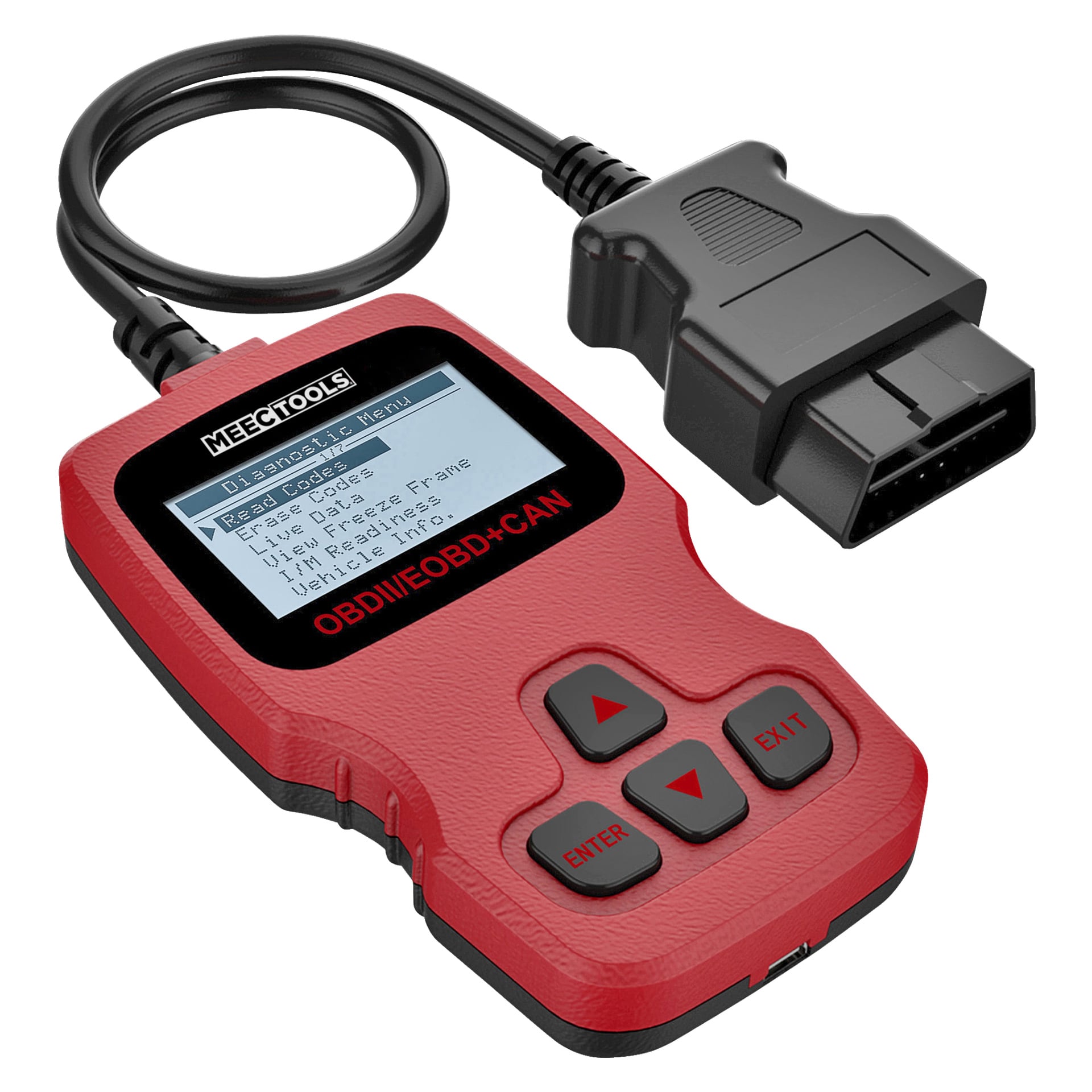En rød Meec Tools OBD-II/EOBD+CAN feilkodeleser utstyrt med en skjerm som viser diagnostiske data, fire kontrollknapper og en svart kabel som ender i en OBD-kontakt.