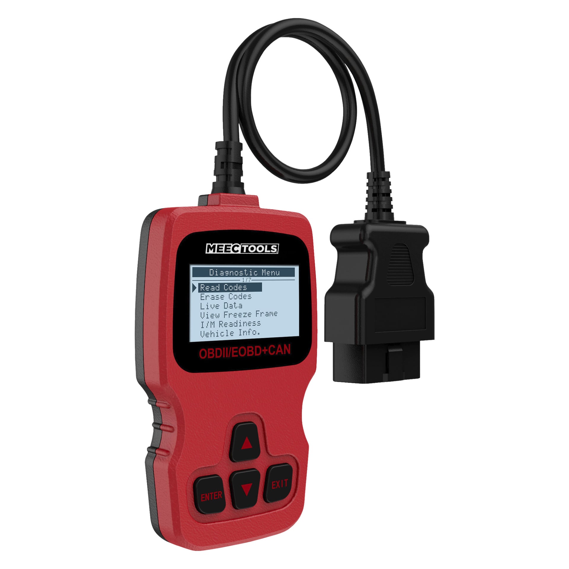 En rød Meec Tools OBD-II/EOBD+CAN bildiagnoseskanner med en skjerm med synlig meny og en svart kabel koblet til en OBDII-kontakt.