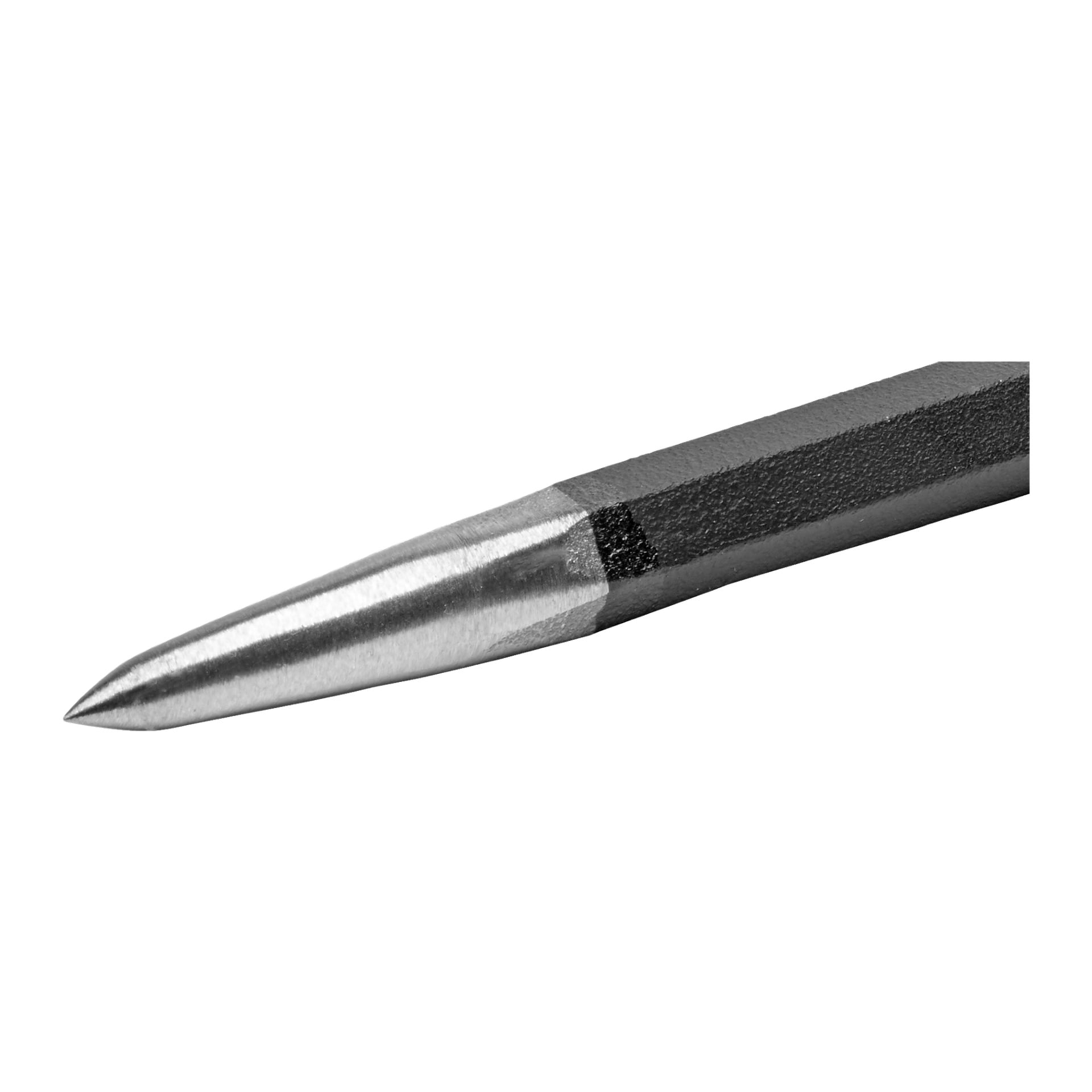 Nærbilde av Meec Tools brekkjern med et sekskantet svart håndtak og en spiss, blank metallspiss.