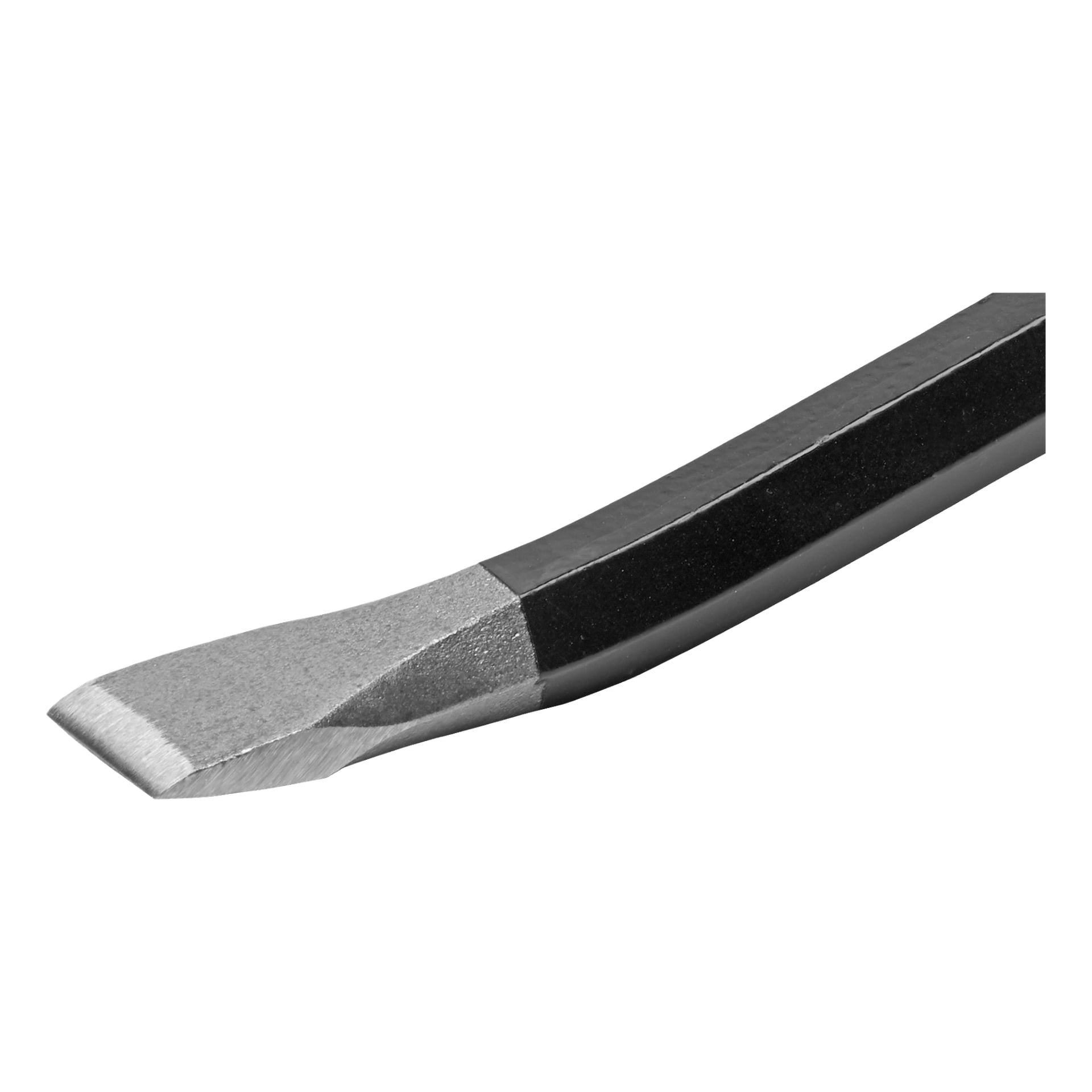 Närbild av den platta, vinklade spetsen på Meec Tools Prybar, som visar dess metallkonstruktion och svarta handtag.