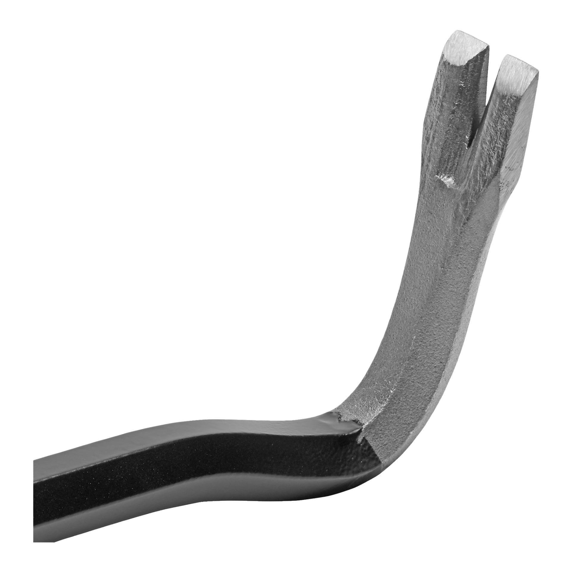 Närbild av den böjda, gaffelformade spetsen på Meec Tools Prybar, som visar dess matta svarta och silverfärgade finish.