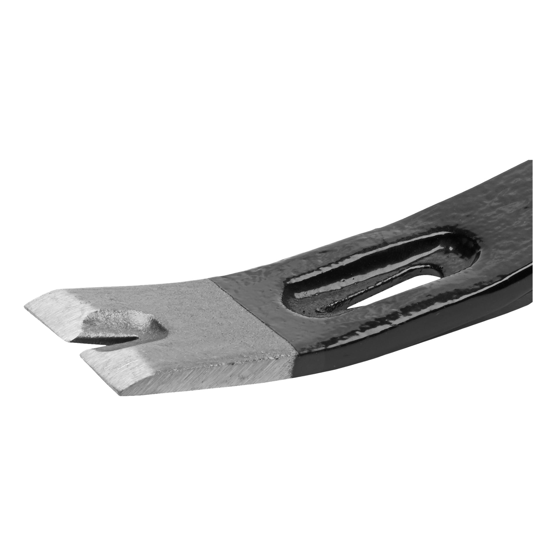 Detaljerad närbild av den platta, gaffelformade spetsen på en Meec Tools Bräckjärn, som visar dess spikdragande spår och fasade kant, avsedd för att dra ut spikar eller bända isär material under bygg- eller rivningsarbeten.