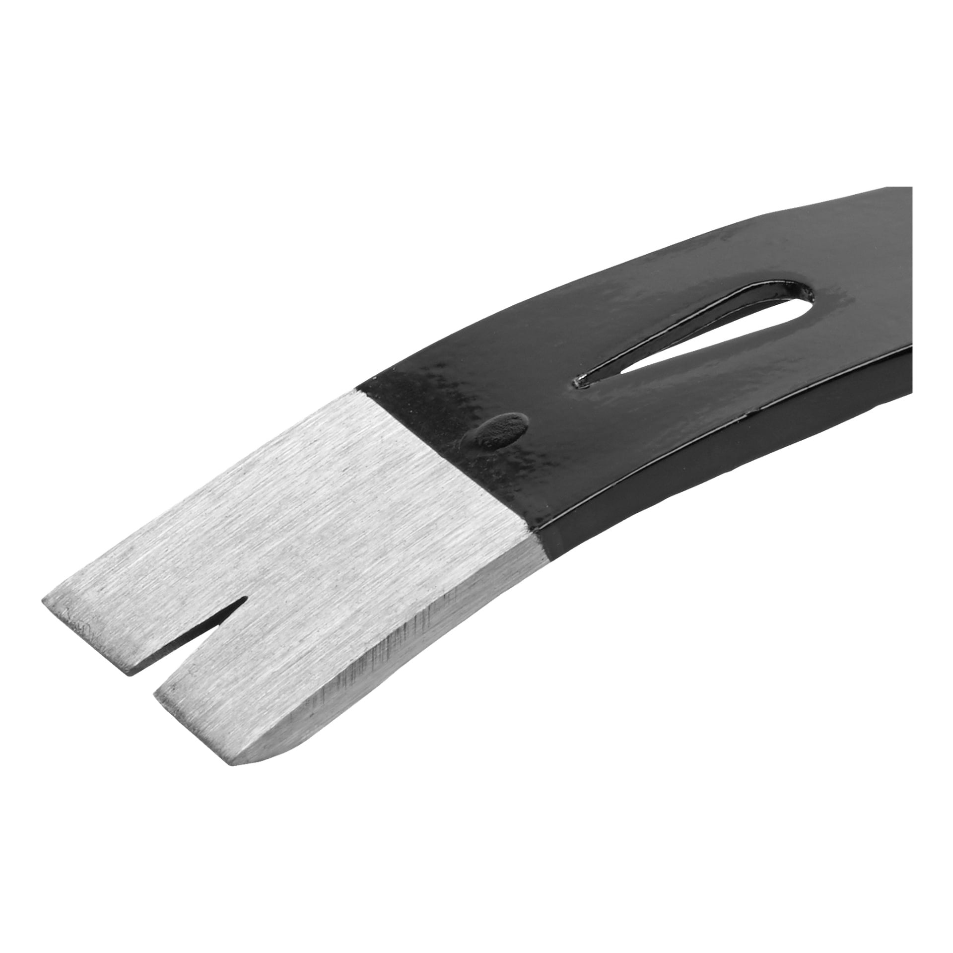 Detaljerad vy av Meec Tools Prowbar, som visar dess platta metallstruktur med en slitsad, vinklad ände designad för att bända upp eller ta bort spikar. Verktyget är svart med en metallisk silverspets.