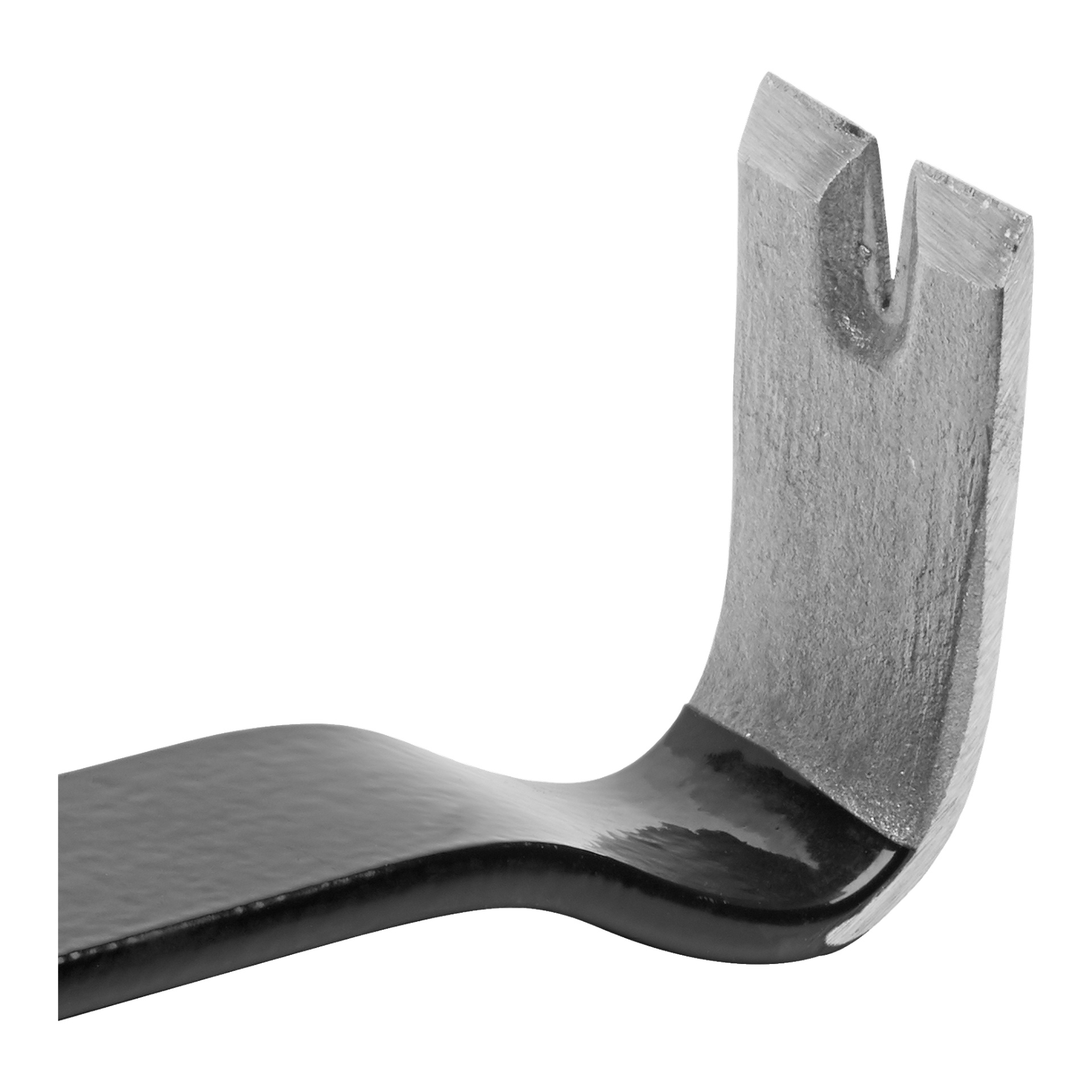 Närbild av metallkloänden på Meec Tools Prowbar, som visar dess böjda, platta form och V-formade urtag designad för att dra ut spikar.