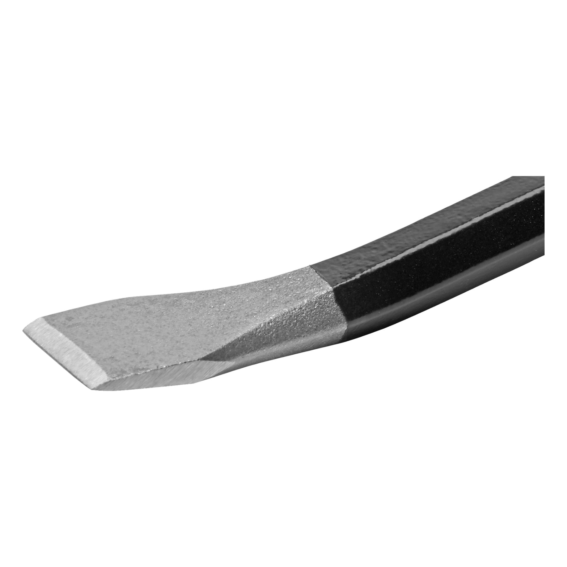 Närbild på metalländen av en Meec Tools Prowbar, med ett fasat, platt blad med en fyrkantig egg kopplad till ett svart handtag.