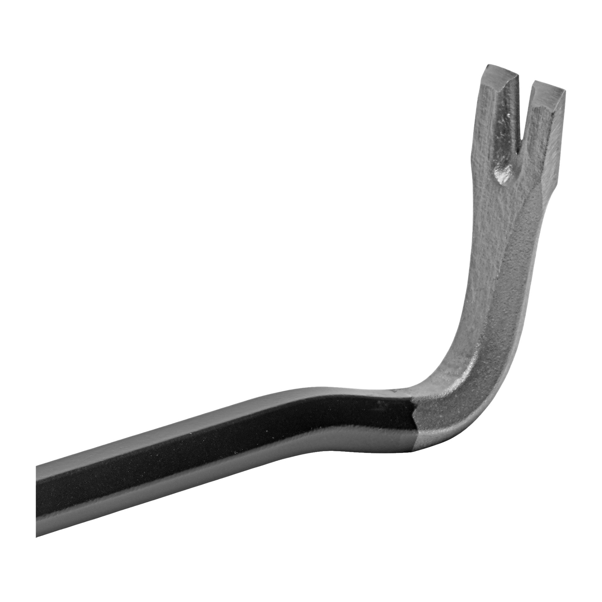 En närbild av den vinklade, gaffelformade spetsen på Meec Tools Prybar. Verktyget har en blank svart finish och är avsett för att bända upp eller dra ut spikar.