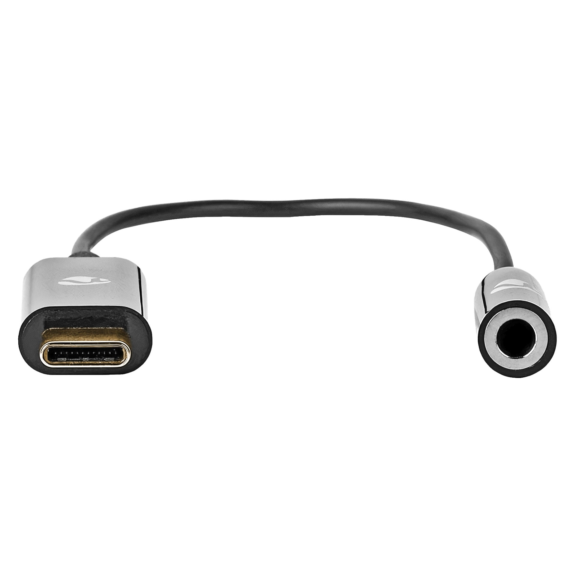 En svart Nedis-adapterkabel med en USB-C-kontakt i ena änden och en 3,5 mm ljudutgång i den andra, avsedd för att koppla hörlurar till enheter utan ljudport.