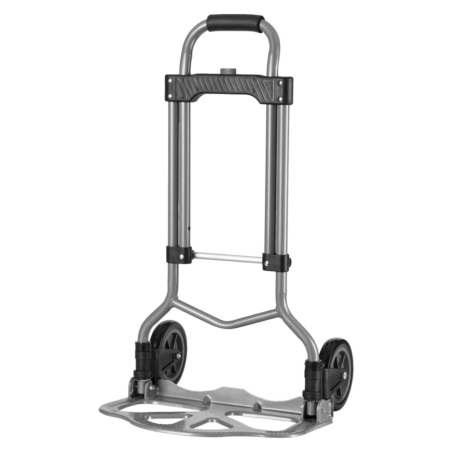 Hard Head Foldable -säkkikärryssä on hopeinen metallirunko, tukeva musta kahva, kaksi suurta mustaa pyörää ja tasainen lastausalusta. Sen taittuva rakenne tekee siitä helpon kantaa ja säilyttää.
