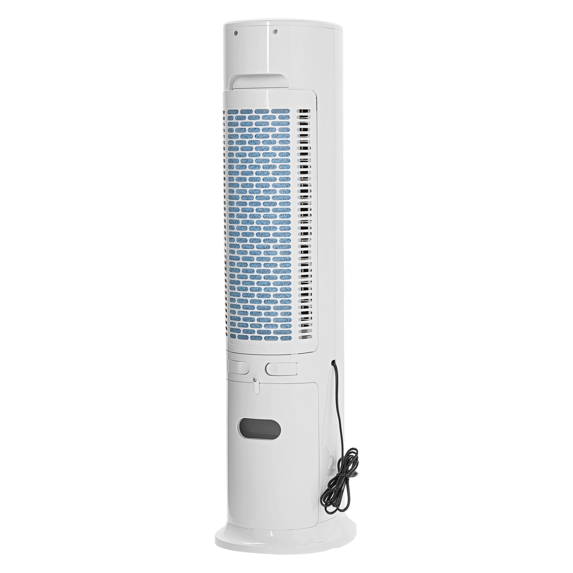 Anslut Air Cooler: en slank, upprätt vit tornfläkt med centrala blå och svarta ventilationslampor, en kontrollpanel placerad nära toppen och dess strömkabel prydligt lindad vid nedre högra basen.