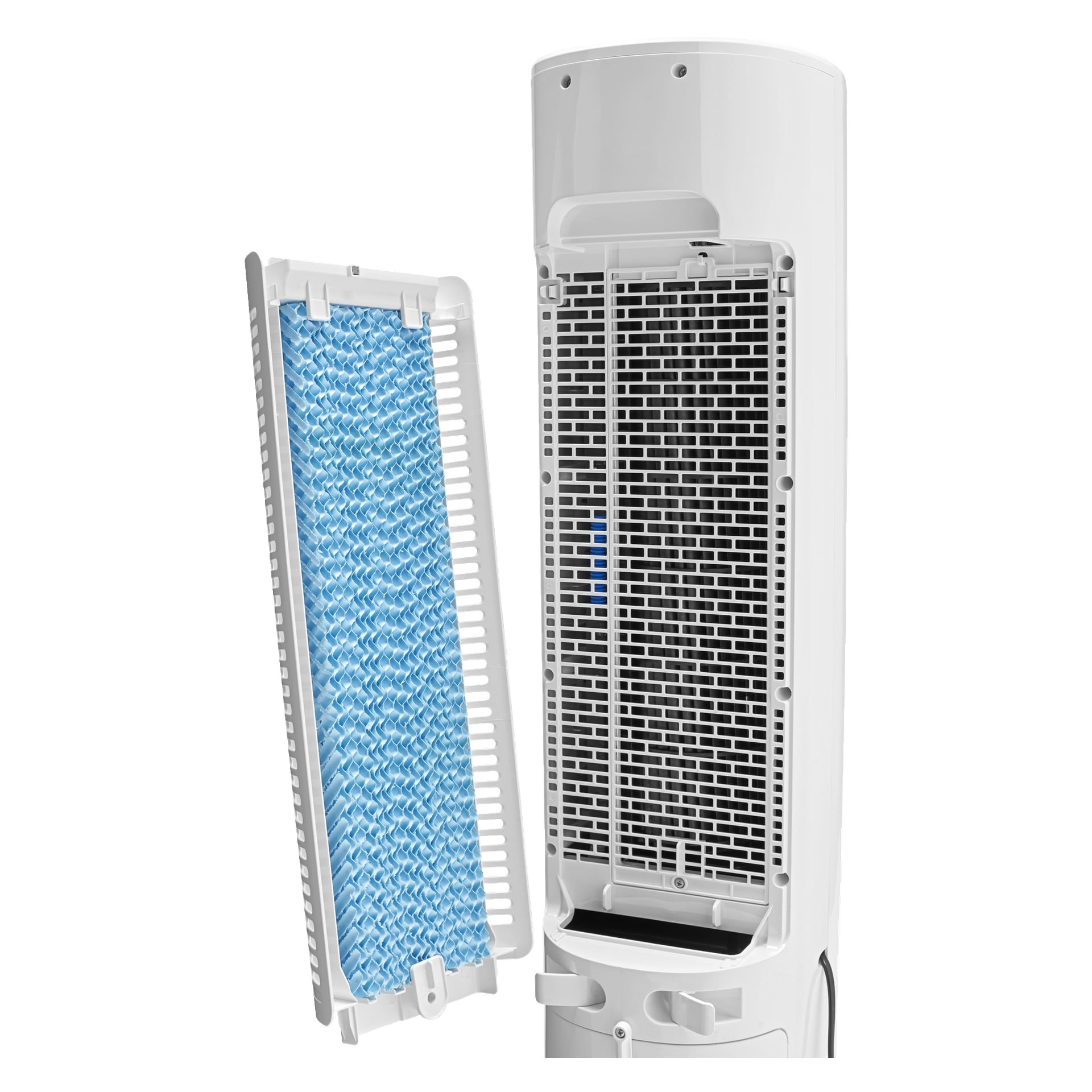 En närbild på en Anslut Air-kylare med frontpanelen borttagen, vilket blottar den blå kylplattan och det svarta grillen inuti. Den vita apparaten står upprätt.
