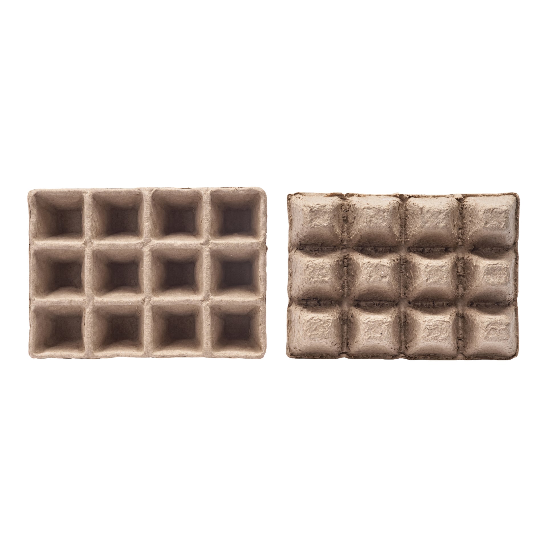 Två paket med Hard Head Fibre-krukor visas ovan, där varje paket innehåller en brun kartongbricka arrangerad i ett 4x4-rutnät av fyrkantiga fack. Brickorna har en grov, ofärdig textur och är placerade bredvid varandra.