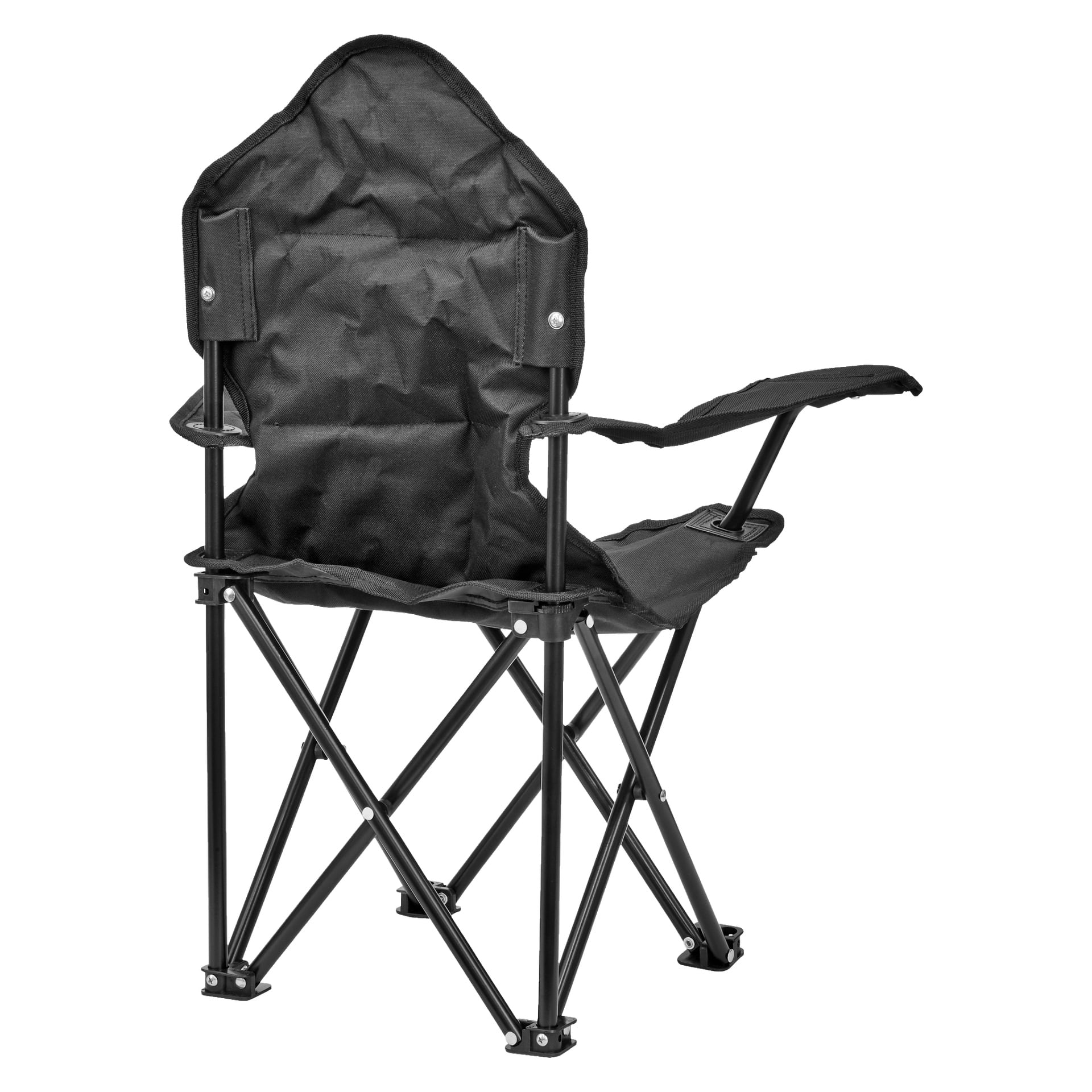 En Kayoba-campingstol for barn med svart stoffsete og ryggstøtte, komplett med metallramme og armlener, vist fra bak- og sideperspektiv.