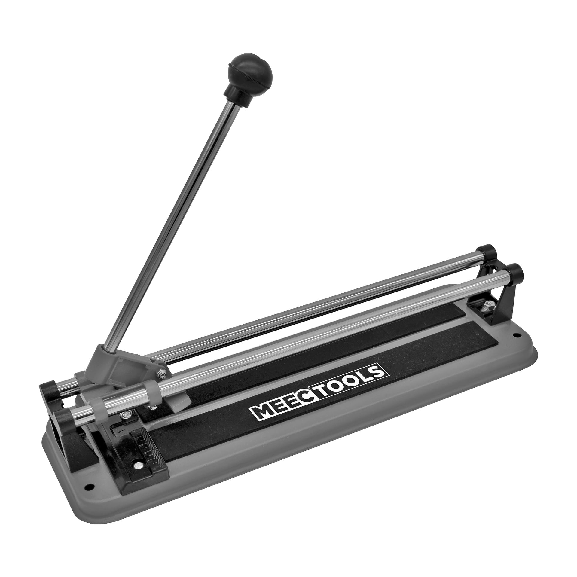 En Meec Tools kakelskärare med långt handtag, två stadiga metallstyrskenor, ett skärhjul och ett varumärke på basen, avsedd för att skära och bryta keramiska eller porslinsplattor.