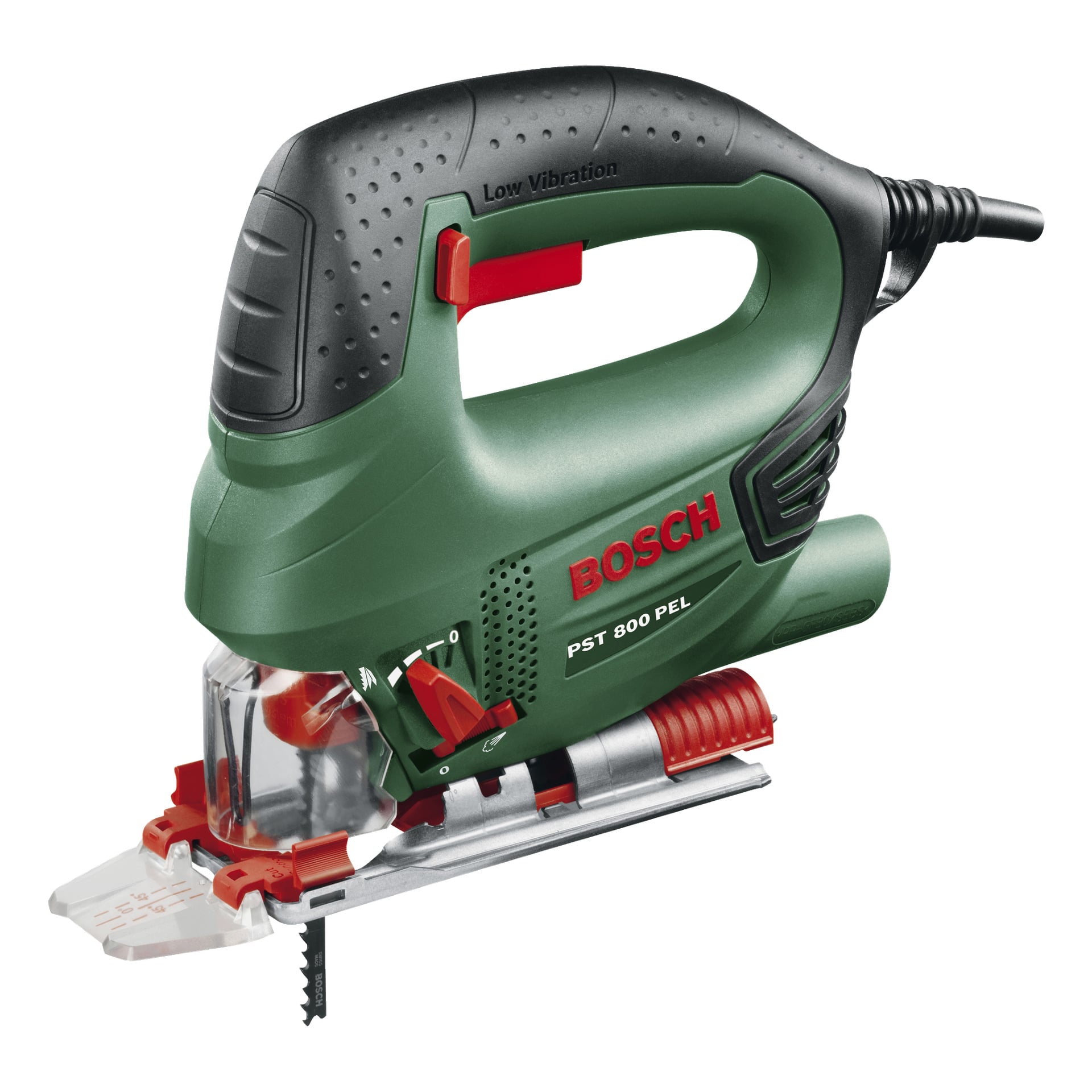 Zielona Bosch Jigsaw PST 800 PEL z czarną rączką, czerwonymi akcentami, wyraźnym tarczą piły z przodu, widocznym oznaczeniem "Low Vibration" oraz różnymi regulacjami.