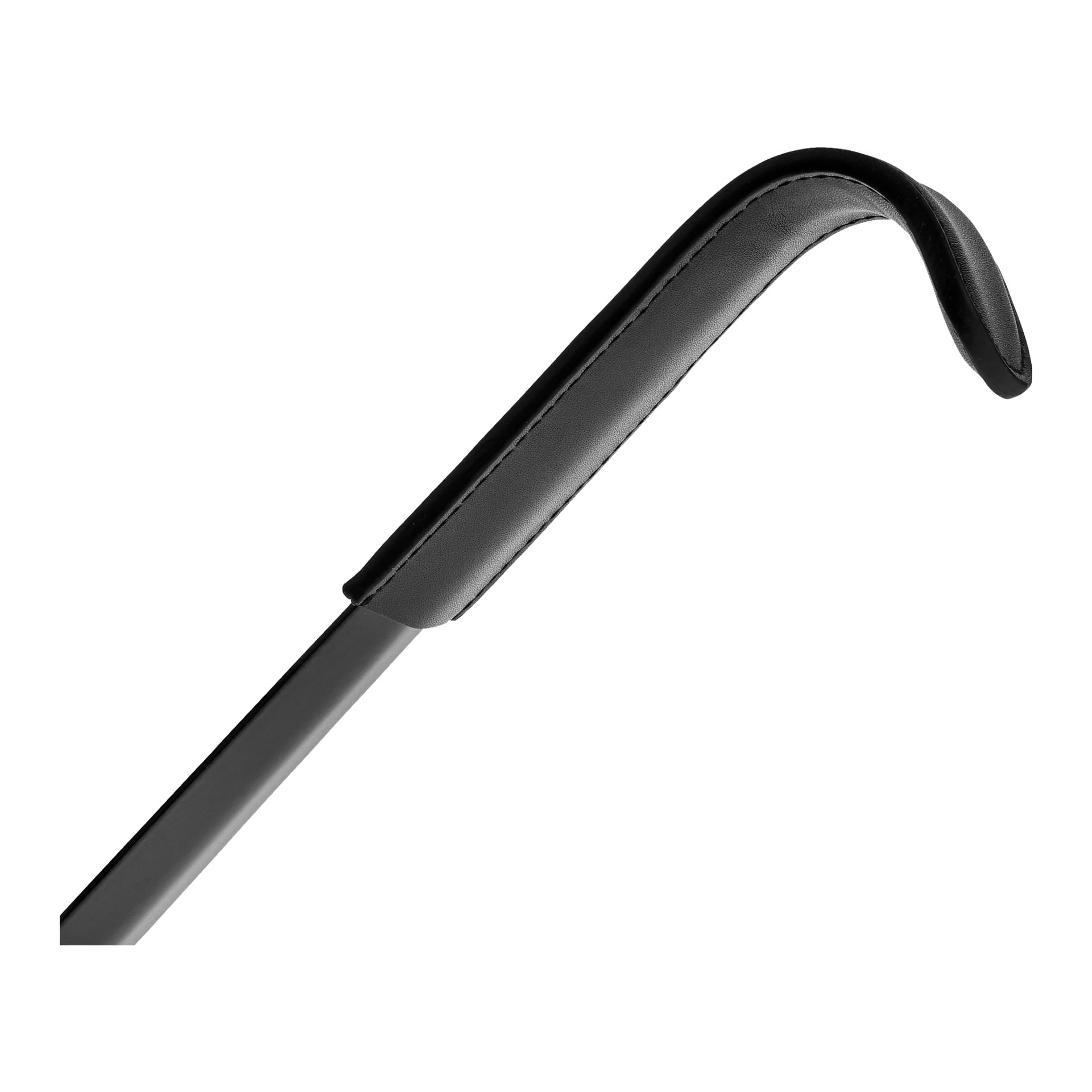 En närbild av Bluewear Shoehorn visar dess böjda handtag och slanka svarta finish, framhävd av stygn längs överkanten.