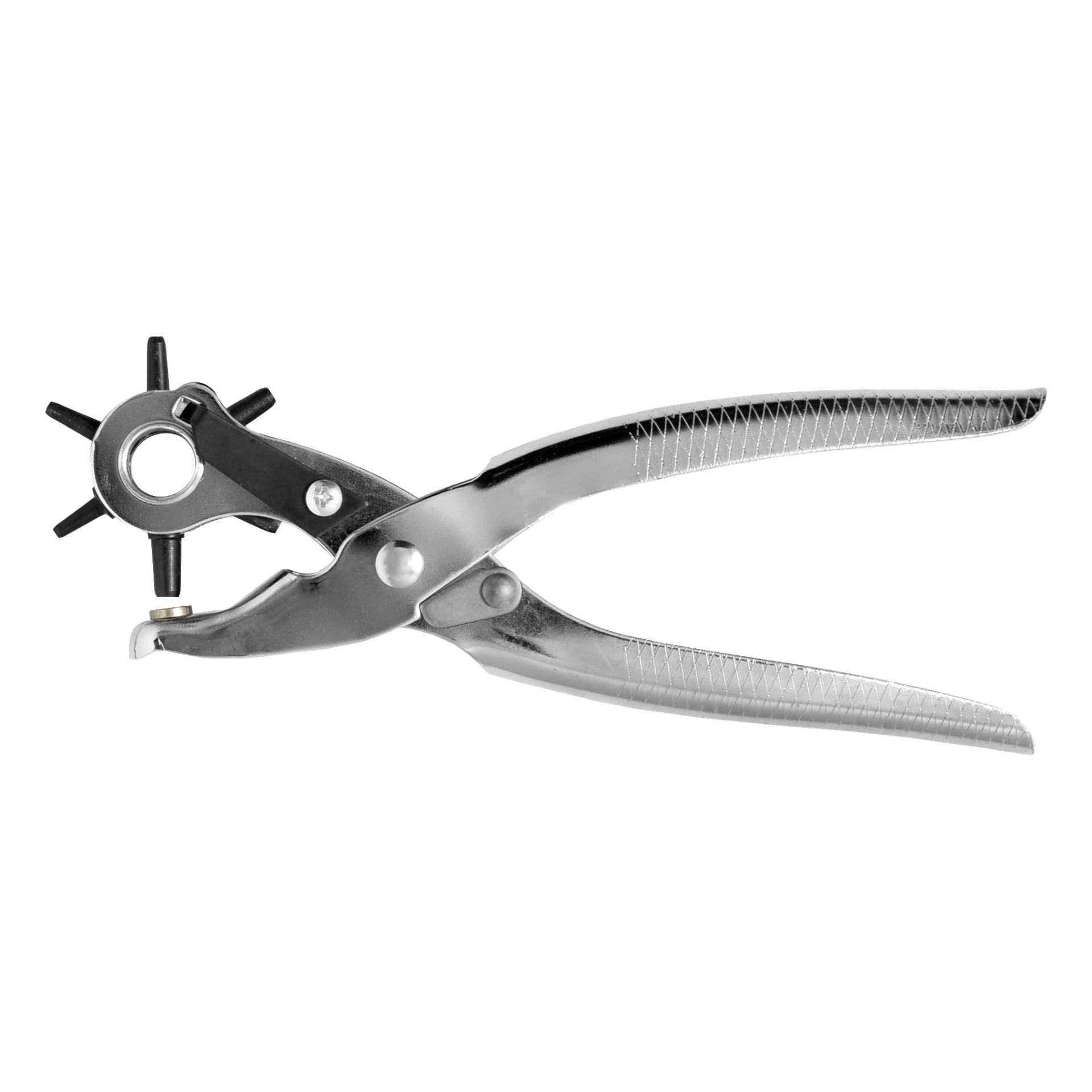 Meec Tools Obrotowe szczypce dziurkarskie z obrotowym kołem, umożliwiające wybór różnych rozmiarów otworów.