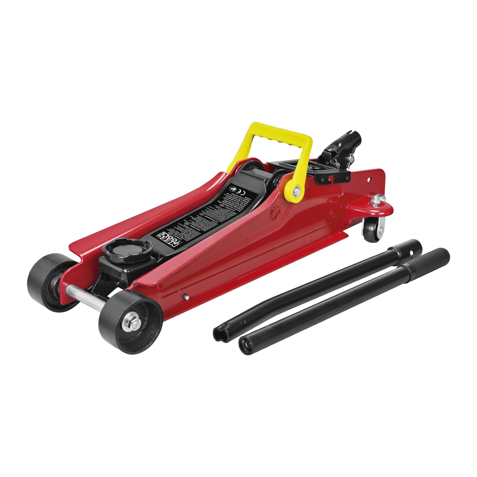 Podnośnik niskoprofilowy Meec Tools jest lekki, z czerwonym nadwoziem hydraulicznym, żółtą rączką do przenoszenia, dwoma czarnymi kołami z przodu, tylnym kołem typu caster oraz zdejmowaną czarną rączką umieszczoną obok.
