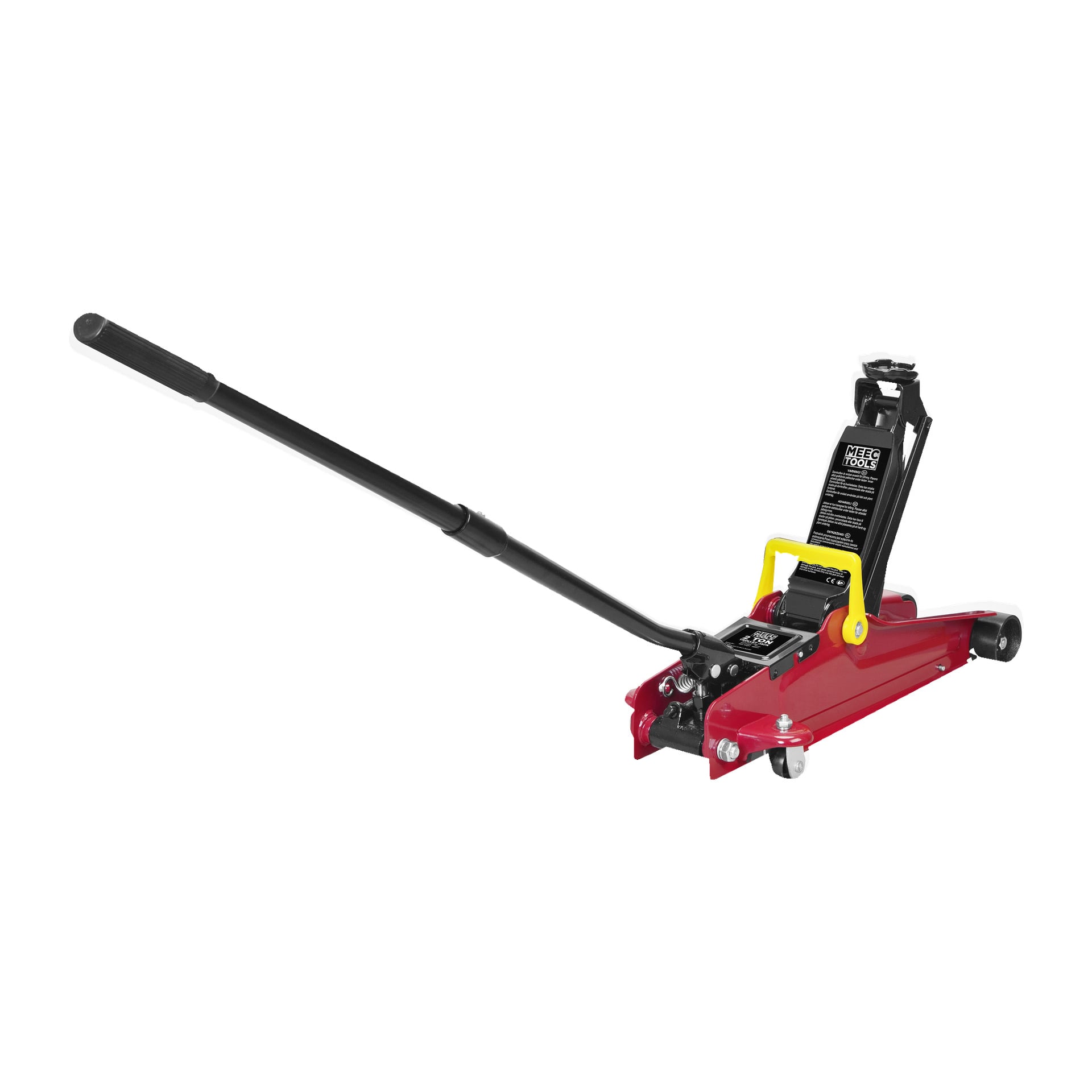 Meec Tools Lightweight Low-Profile Jack z czerwonym korpusem, wydłużoną czarną rączką i czterema stojakami na koła z etykietą producenta na boku.