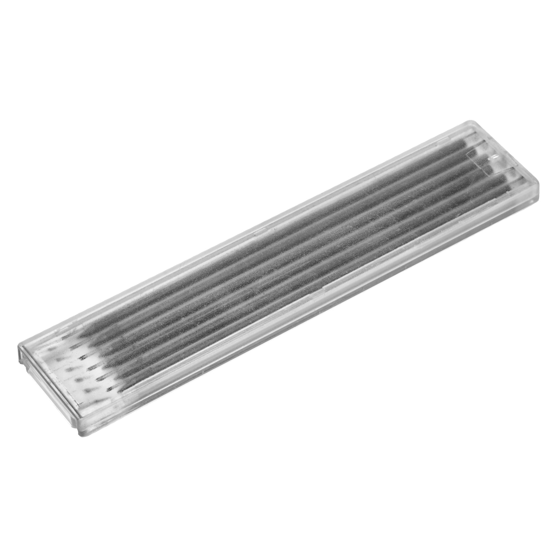 Ett lätt frostat, rektangulärt transparent plastfodral från Meec Tools visar flera tunna svarta extra stift för en markerpenna, organiserade prydligt i en rad och synliga genom fodralet.