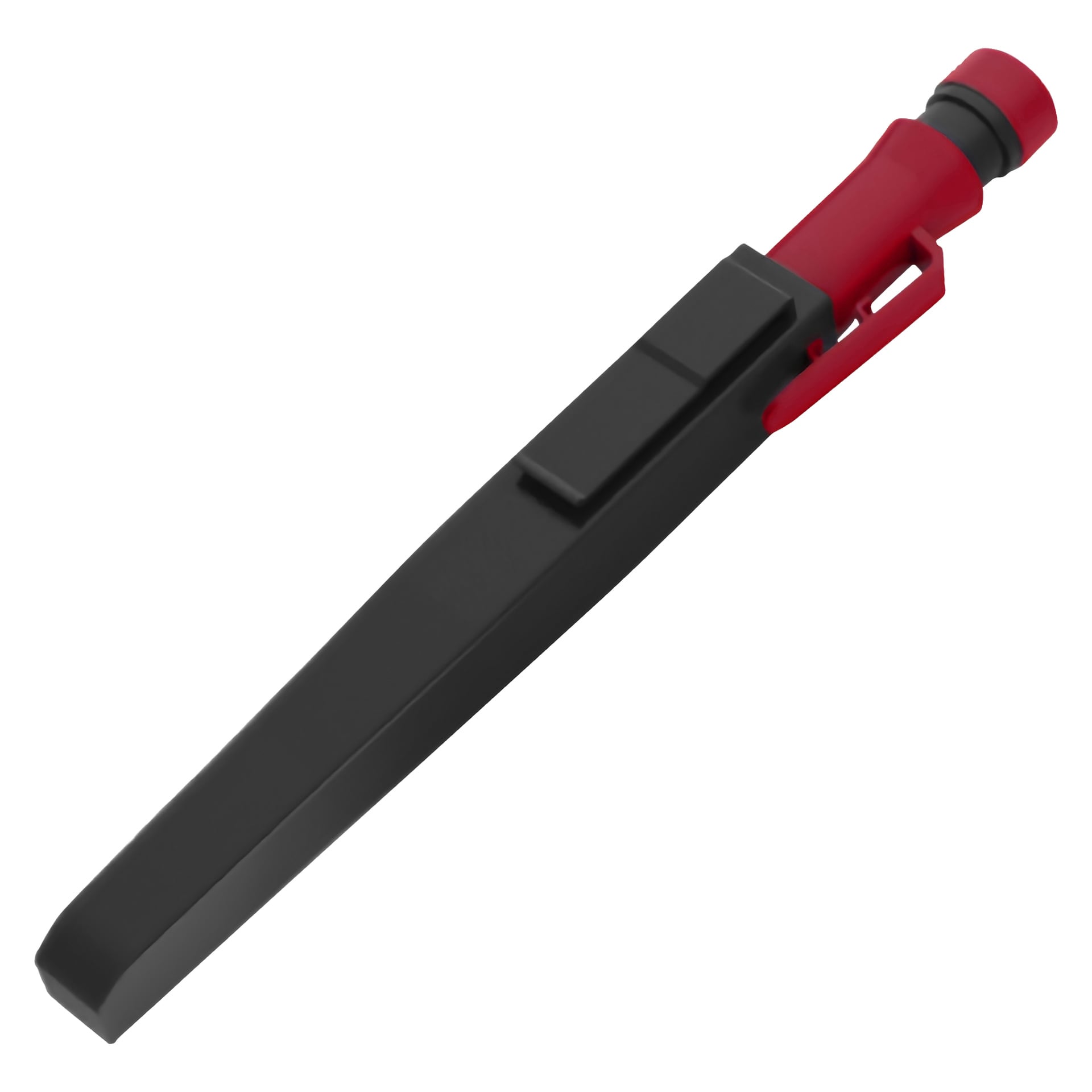 En Meec Tools tusjpenn laget av svart og rød plast, designet med en lommeklips. Den har en skrå form, med en rund rød hette i den ene enden og en flat, rektangulær svart kropp.