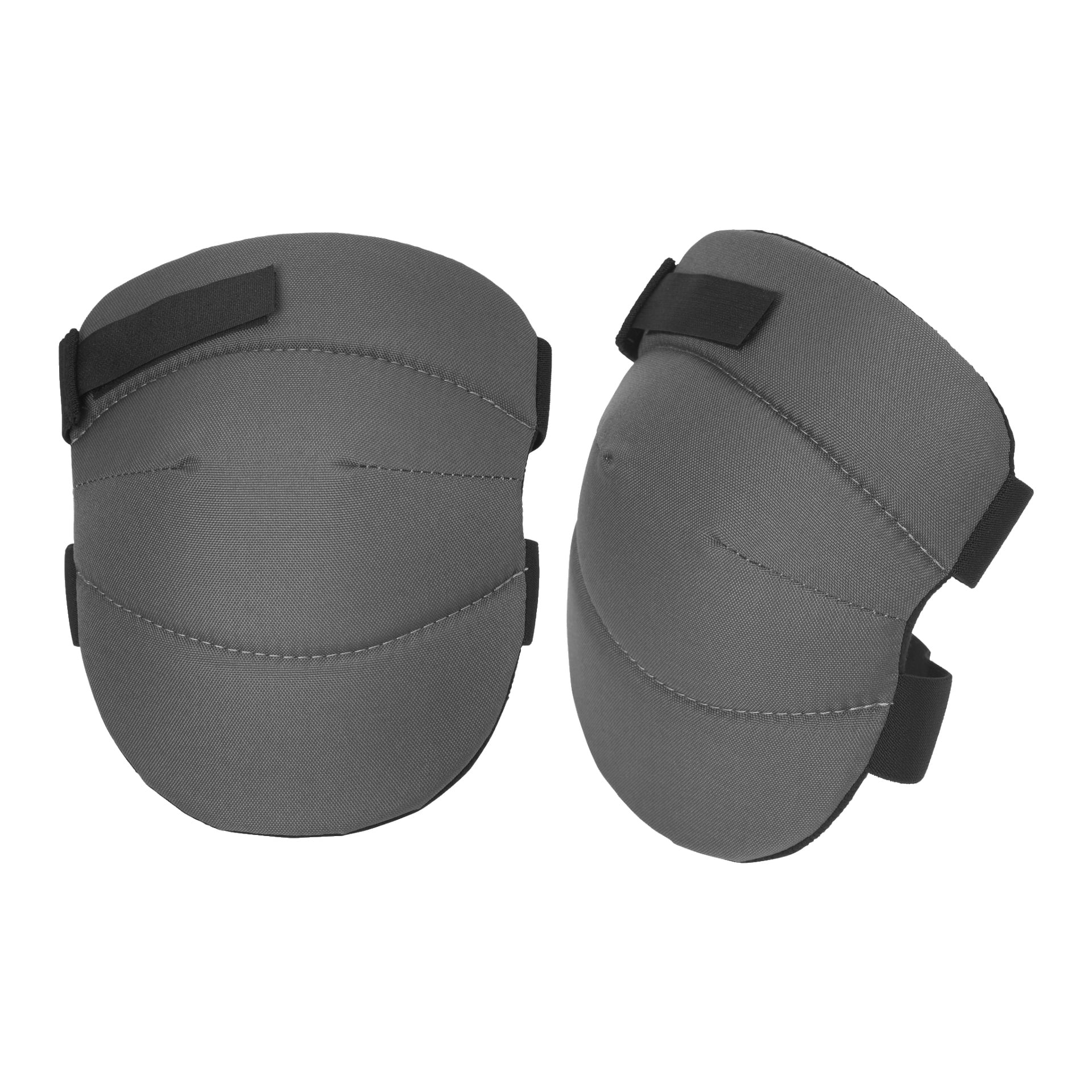 To grå Hard Head knebeskyttere med svarte justerbare stropper vises. Den ene er plassert forover, mens den andre er vinklet slik at ryggen og siden vises. Begge har synlige sømmer på overflaten.