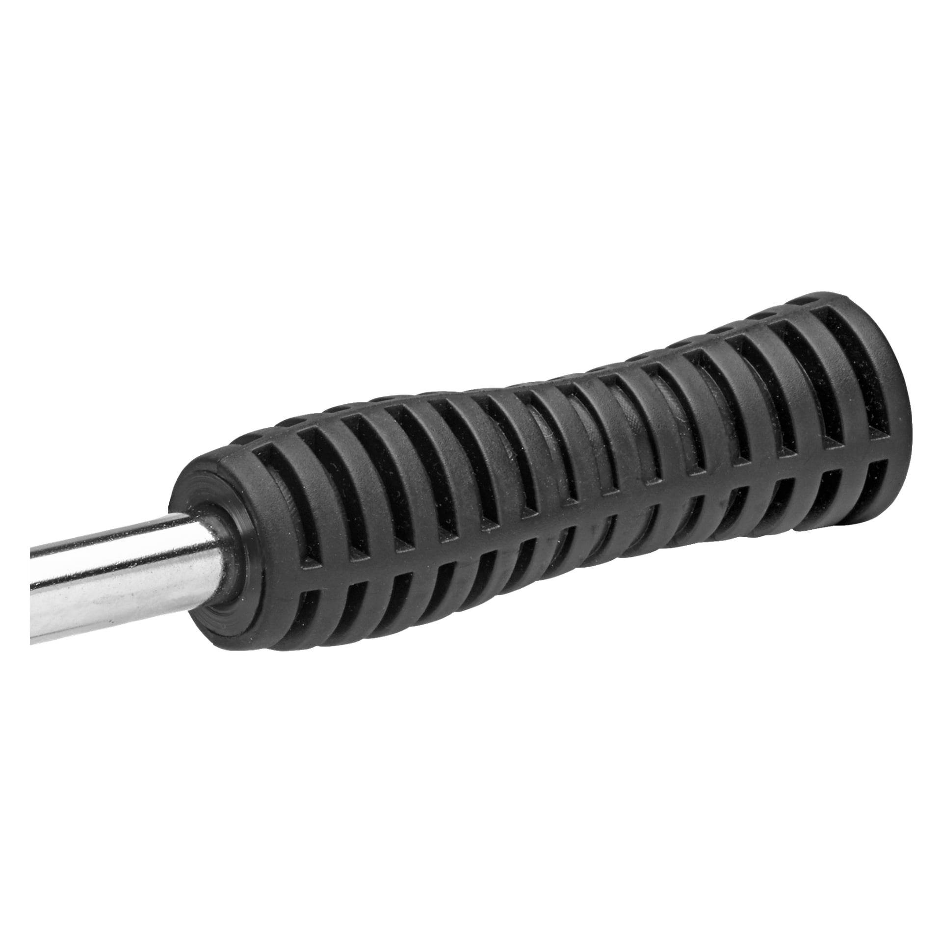 Zbliżenie czarnej, żebrowanej gumowej rękojeści Meec Tools Tube Bender, połączonej z metalowym prętem. Rękojeść ma teksturowaną powierzchnię z równomiernie rozmieszczonymi rowkami, co zapewnia lepszy chwyt.