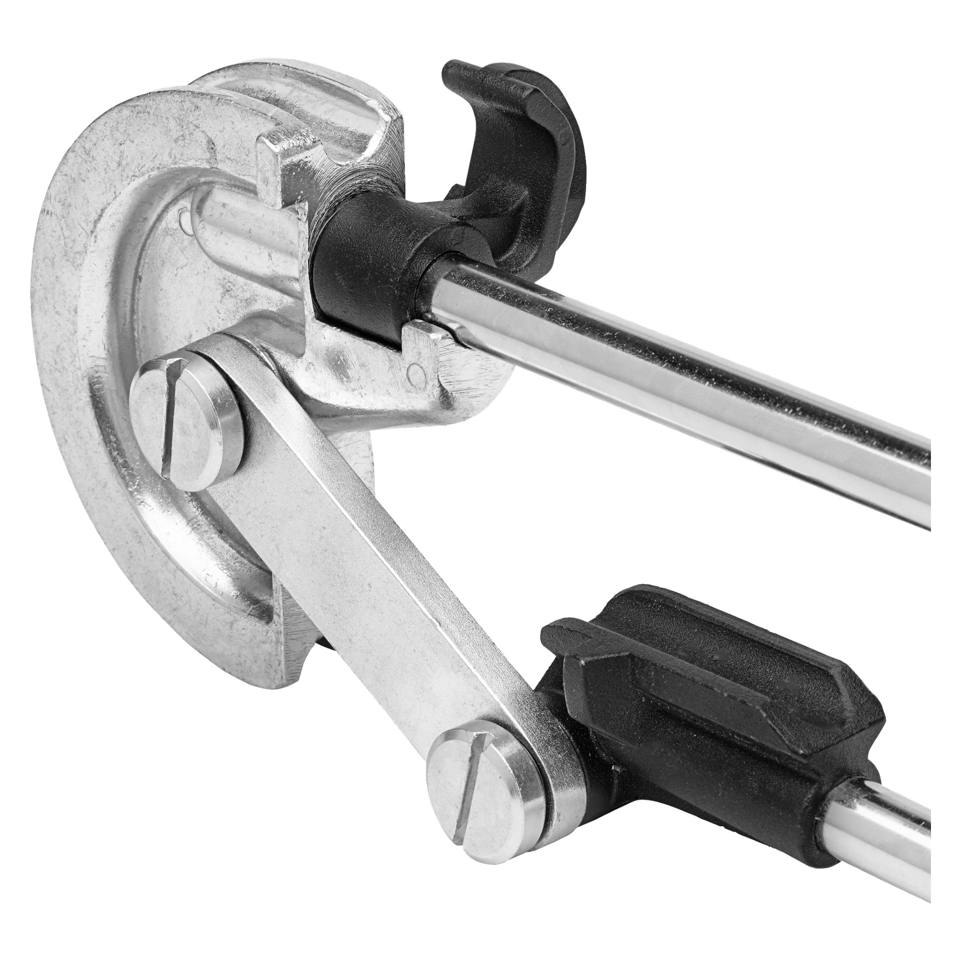 Zbliżenie na Meec Tools Tube Bender, podkreślające jego dwa czarne plastikowe uchwyty, zakrzywioną metalową prowadnicę oraz obrotowe ramiona do ginania rur lub rur. Narzędzie wygląda na czyste i zadbane.