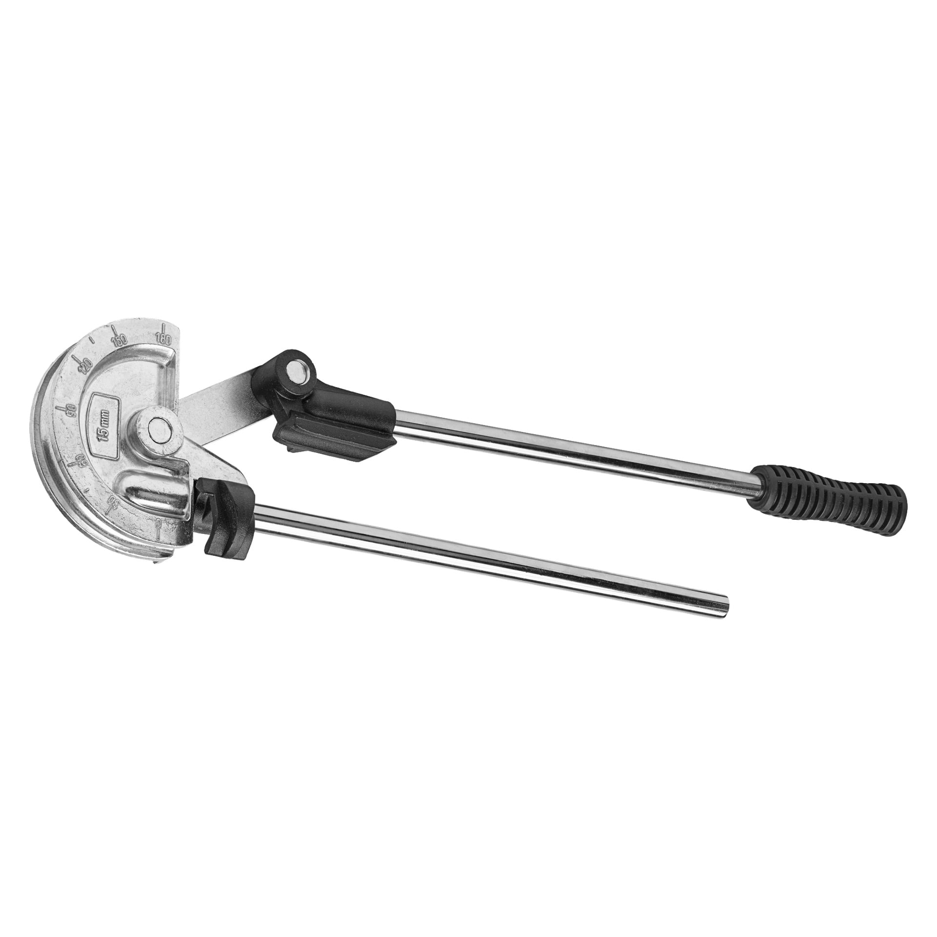 Meec Tools Tube Bender z oznaczeniami miarowymi, dwoma wydłużonymi uchwytami i czarnym gumowym uchwytem na jednej rękojeści. Narzędzie to jest przeznaczone do wyginania rur o średnicy do 16 mm, oferując precyzyjne zgięcia i łatwe doświadczenie użytkownika.