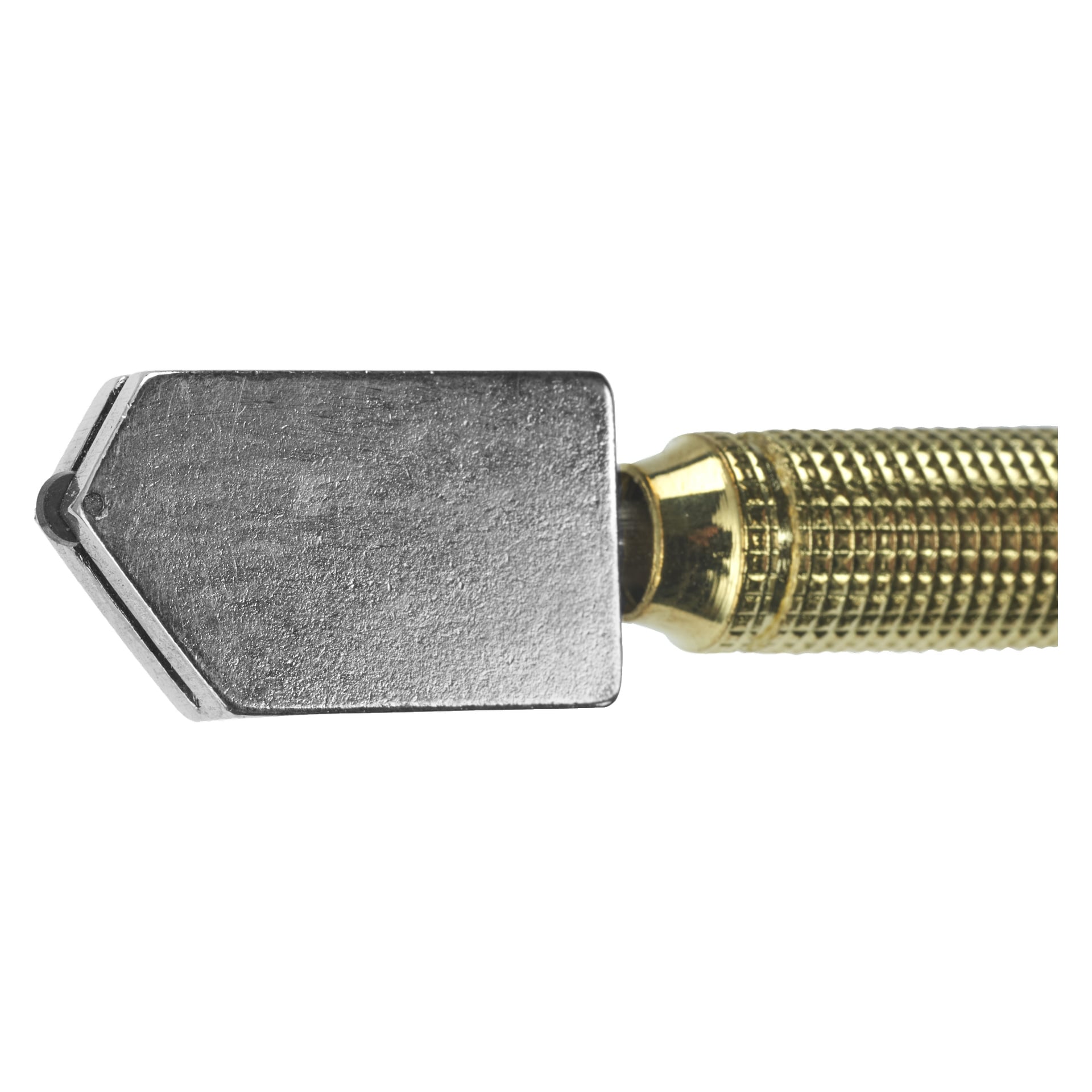 Nærbilde av Meec Tools Glass Cutter med et teksturert metall- og messinghåndtak og et skrått skjærehode.
