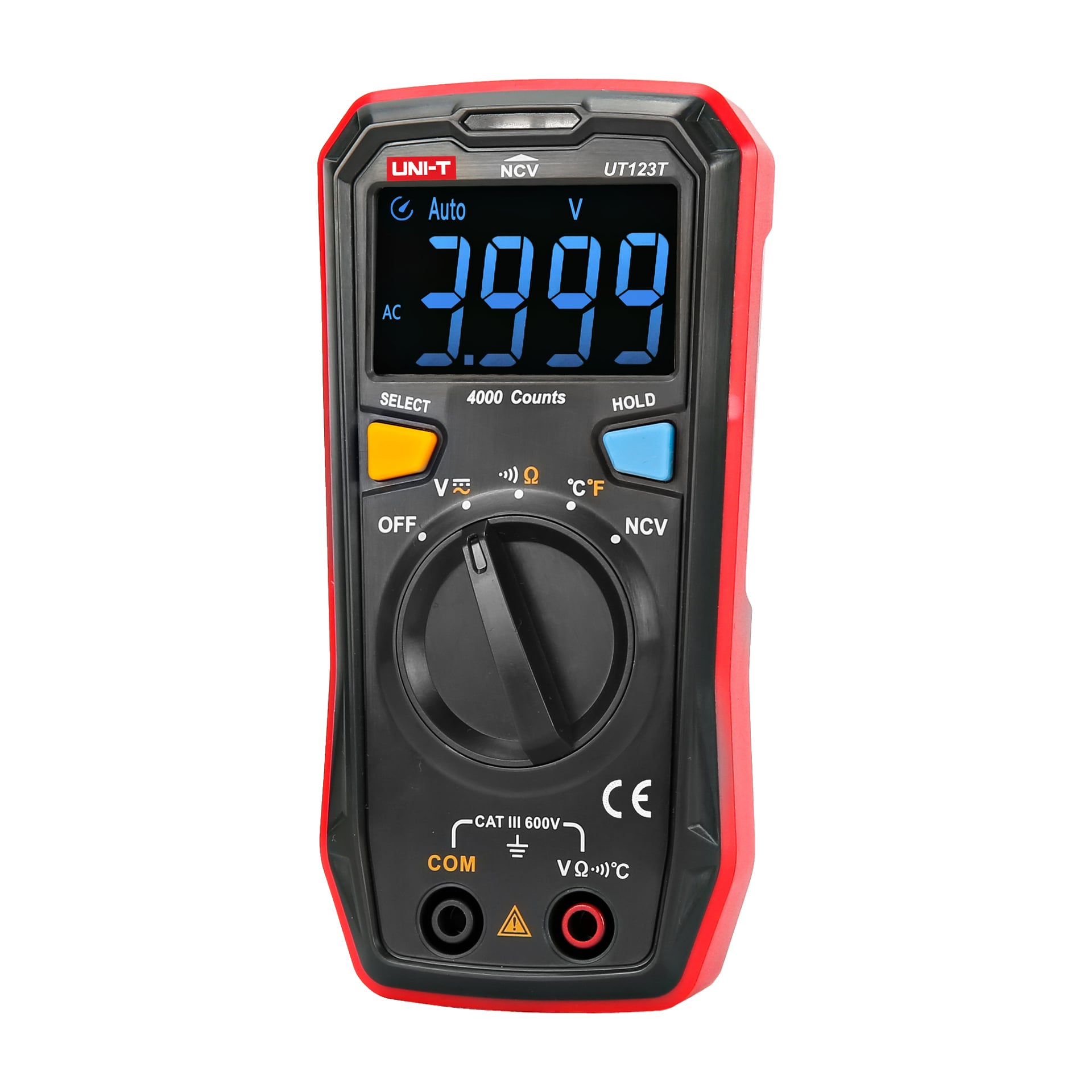 Uni-Trend Multimeter UT123T:ssä on punamusta runko, näytöllä näkyy 3,999 V ja siinä on valitsinnuppi, useita nappeja sekä portteja, jotka on merkitty eri sähkömittauksille.