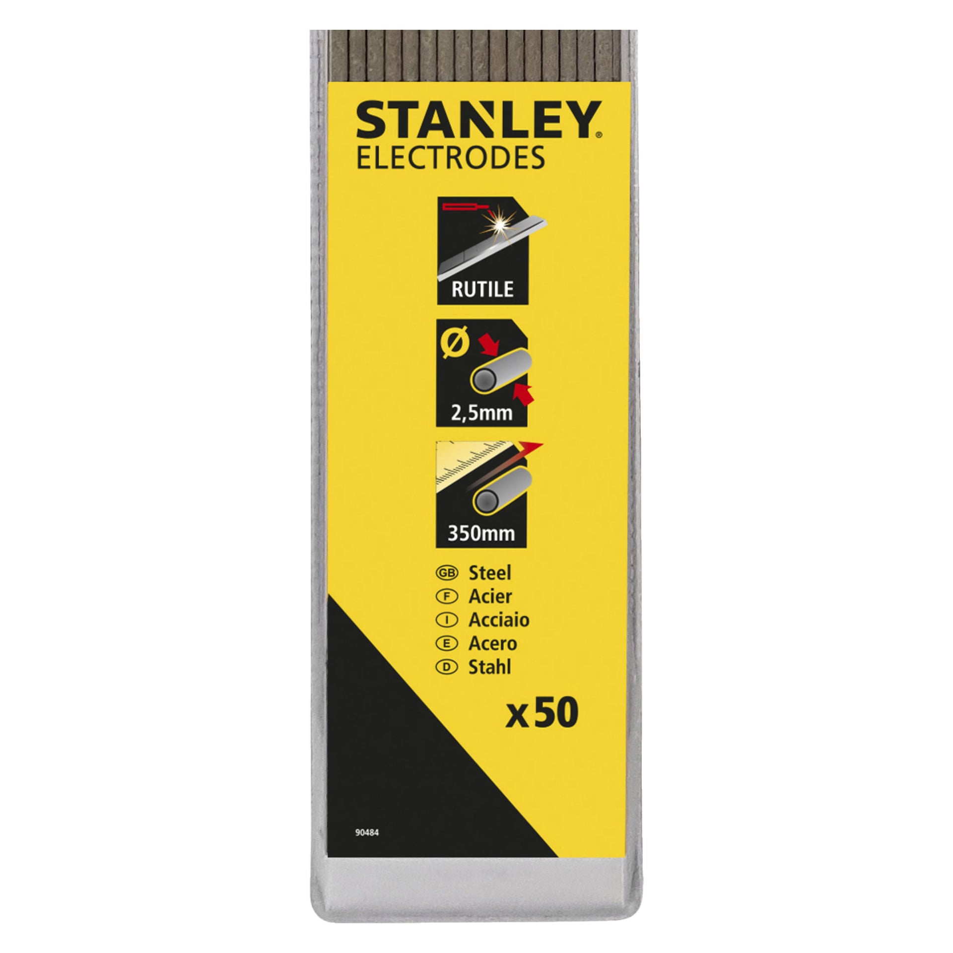 En låda med 50 Stanley Rutile-svetselektroder, var och en 2,5 mm tjock och 350 mm lång, designad för stålsvetsning, visad i distinkt gul och svart förpackning.