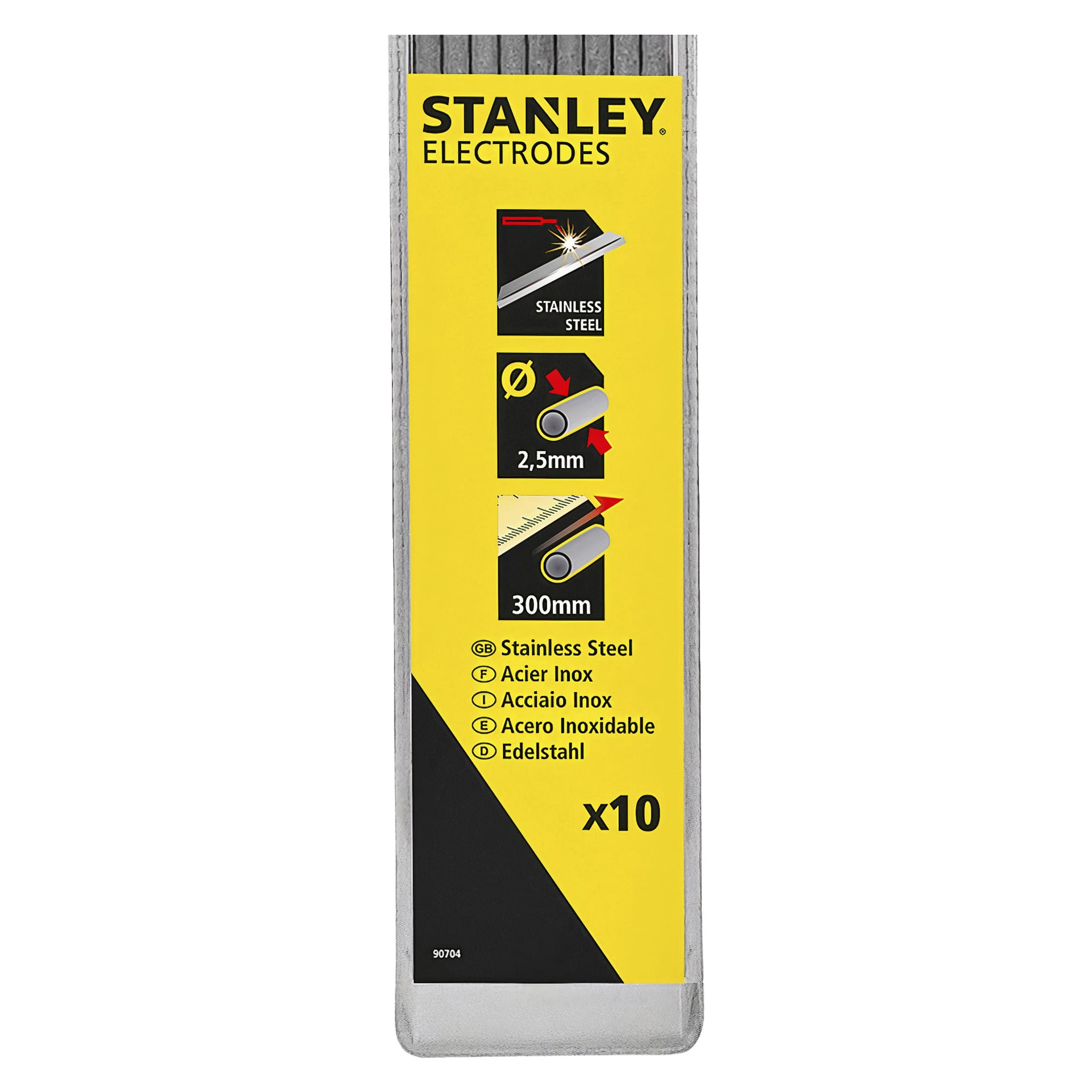 10-pakkauksessa Stanley Welding Electrodeja on kymmenen ruostumattomasta teräksestä valmistettua tankoa, jokainen 2,5 mm paksu ja 300 mm pitkä. Pakkauksessa esiintyy termi "ruostumaton teräs" useissa käännöksissä.