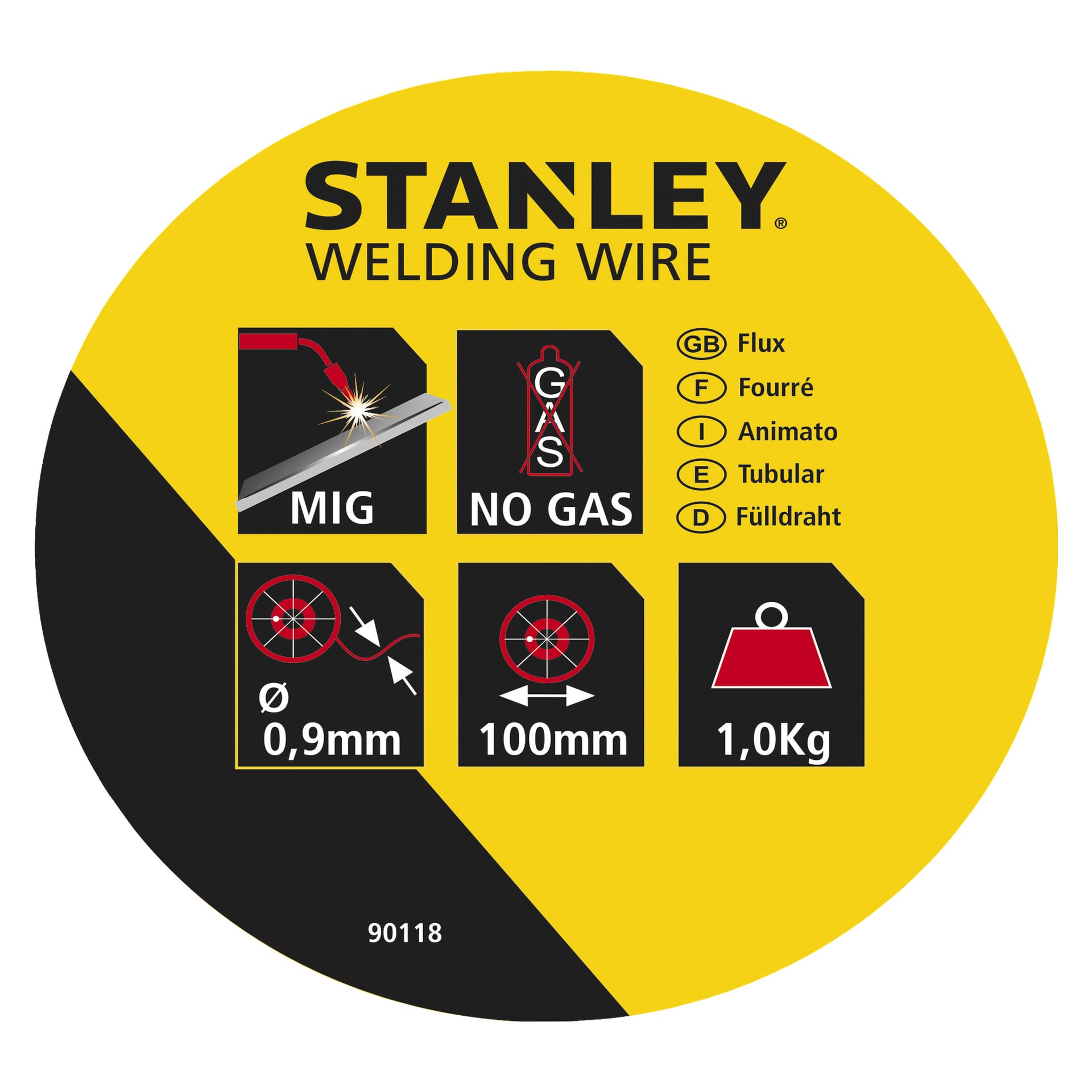 En gul og svart Stanley-etikett for fluksfylt sveisetråd viser ikoner for bruk av MIG-sveising, ingen gass nødvendig, 0,9 mm diameter, 100 mm spolestørrelse, 1,0 kg vekt, og inkluderer begrepene "Flux" og "Fülldraht".