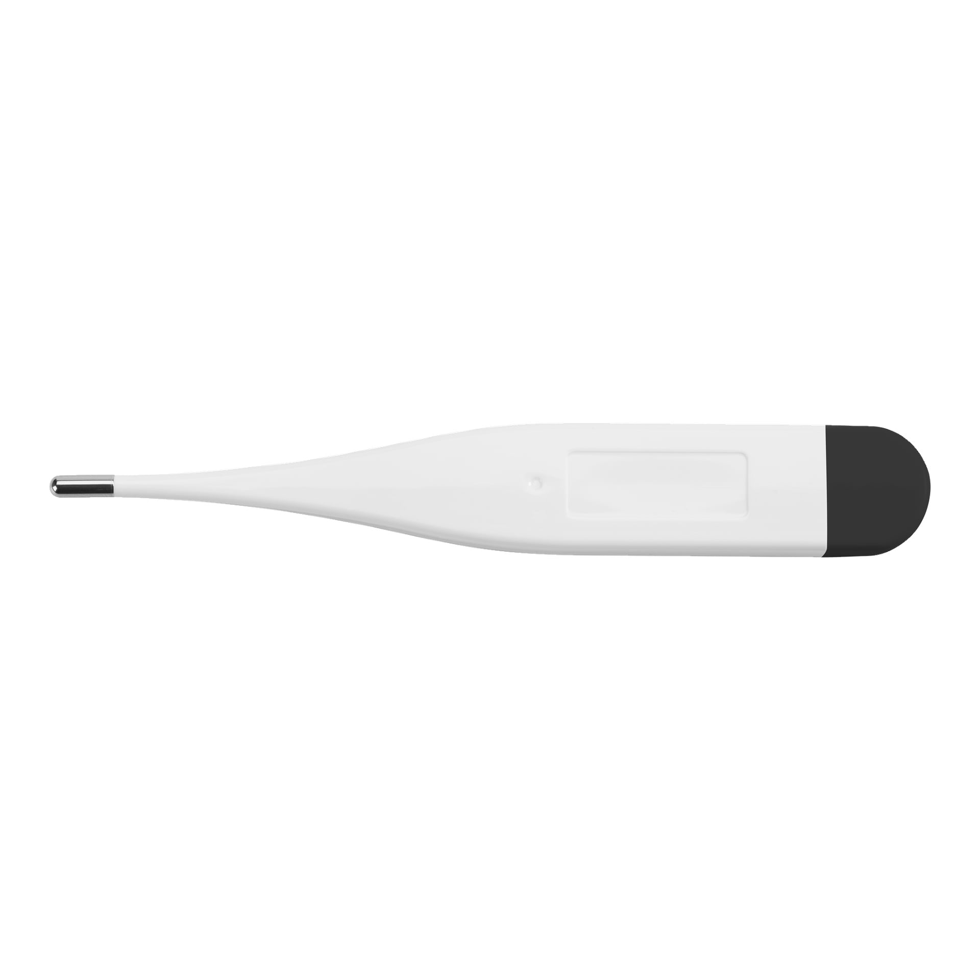 Ein Menuett-Fieberthermometer mit weißem Körper, metallischer Spitze und schwarzem Ende ist zu sehen.