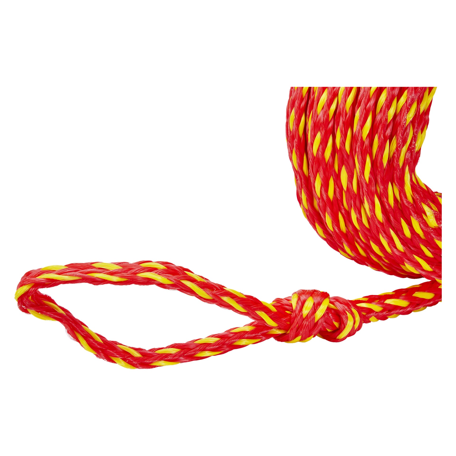 En närbild av Kayoba Tow Rope för vattensporter, där ett rött och gult flätat rep med en ögla och knut i ena änden visas.