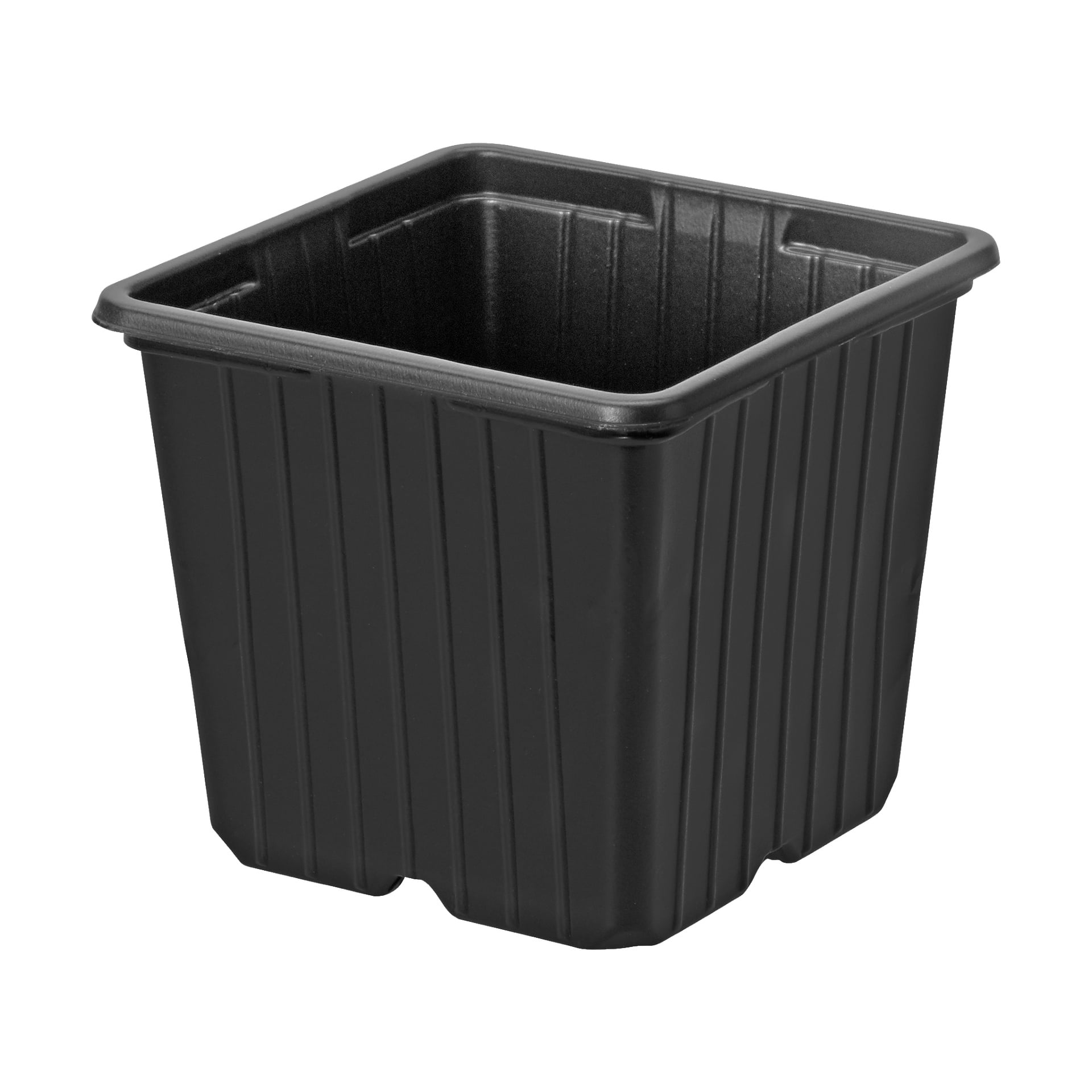 Zestaw 20 doniczek Hard Head, prezentujących czarne, kwadratowe plastikowe doniczki z rozszerzonymi bokami i pionowymi wypukłościami, widziane od przodu.