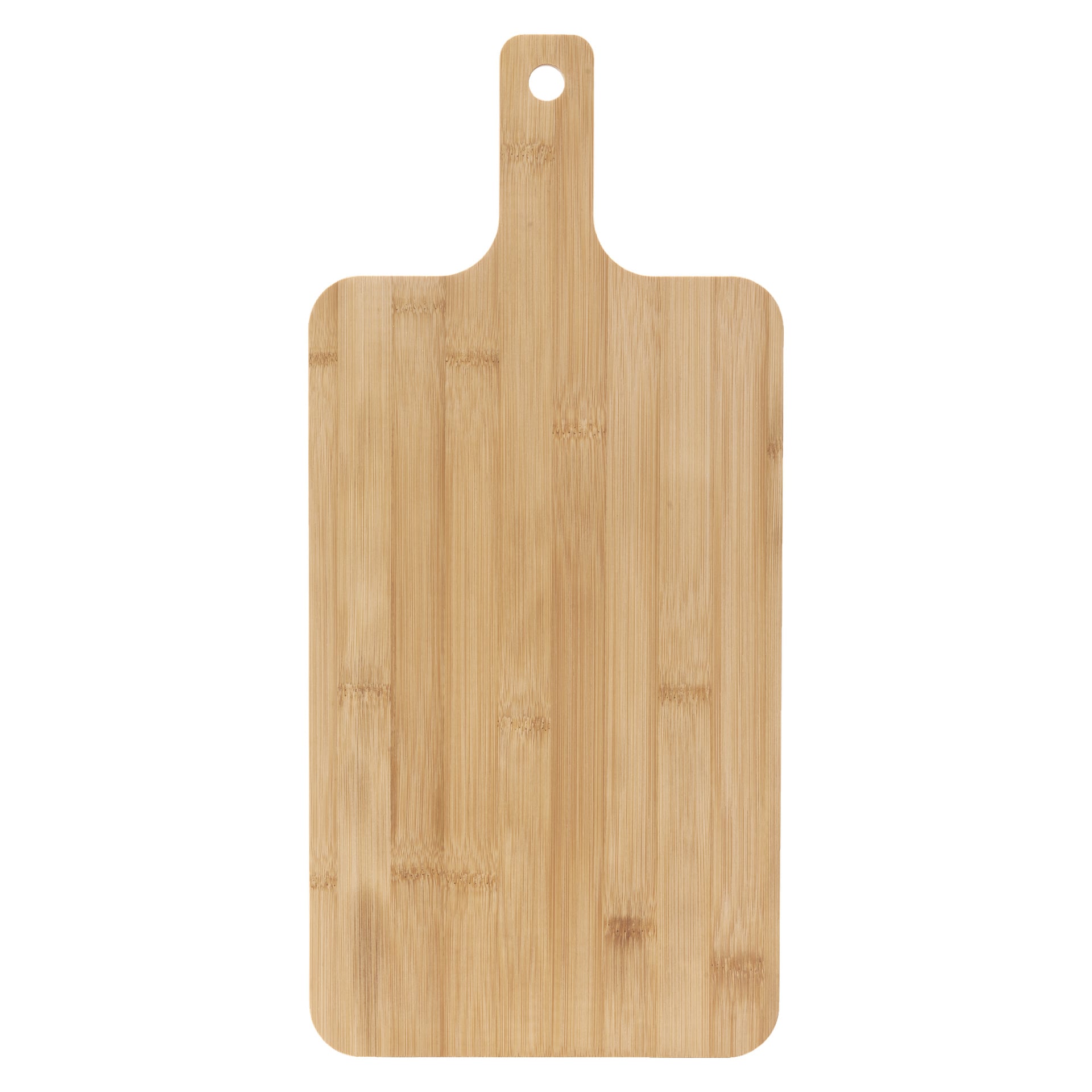 Menuett-skärbrädan är en rektangulär träskärbräda med ett handtag som har ett hål upptill. Den har synliga träådringsmönster och en slät, polerad yta.