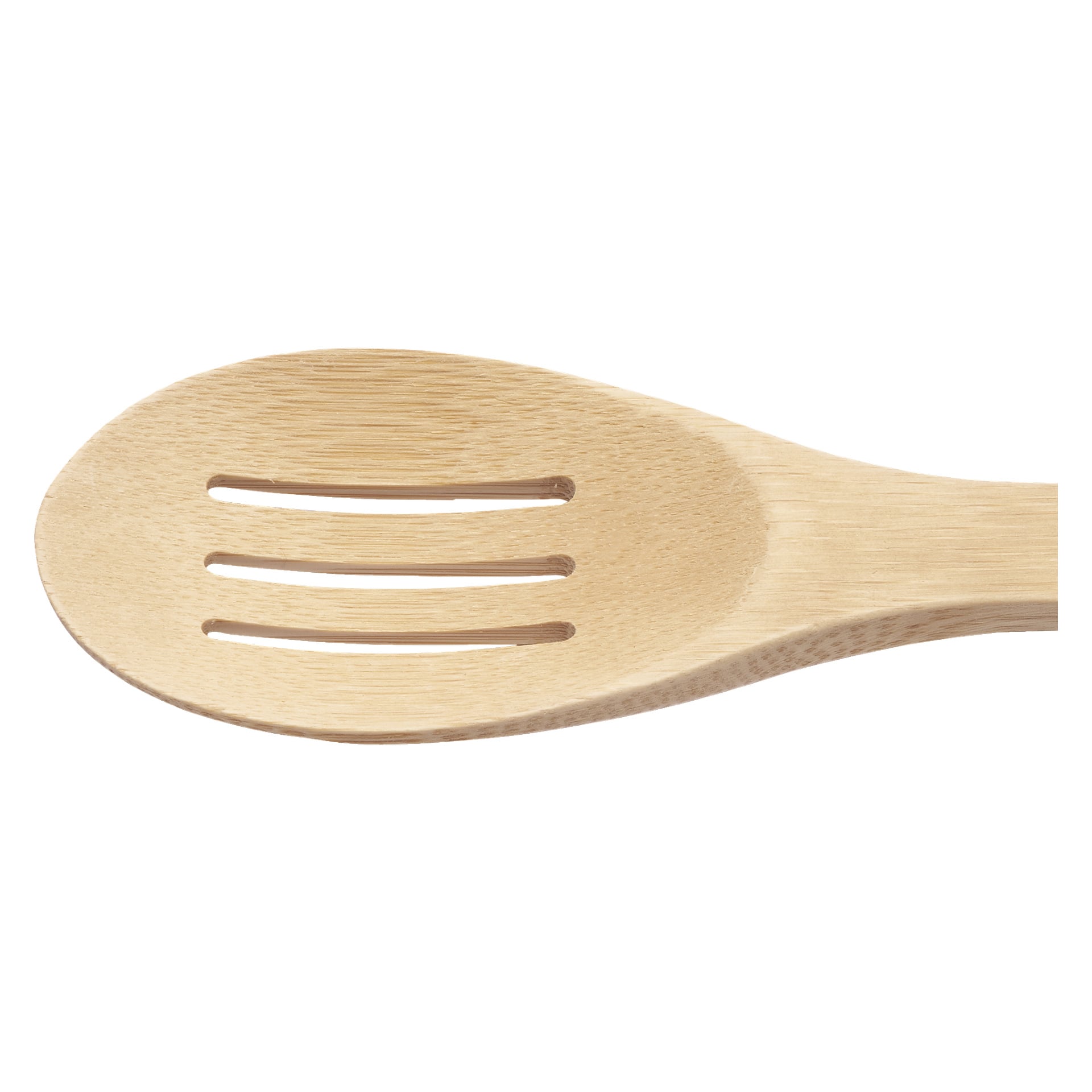 Nærbilde av en Menuett-skje med trespor fra Kitchen Utensils 3 Pieces-settet, som fremhever de tre horisontale sporene på hodet og den naturlige trestrukturen.