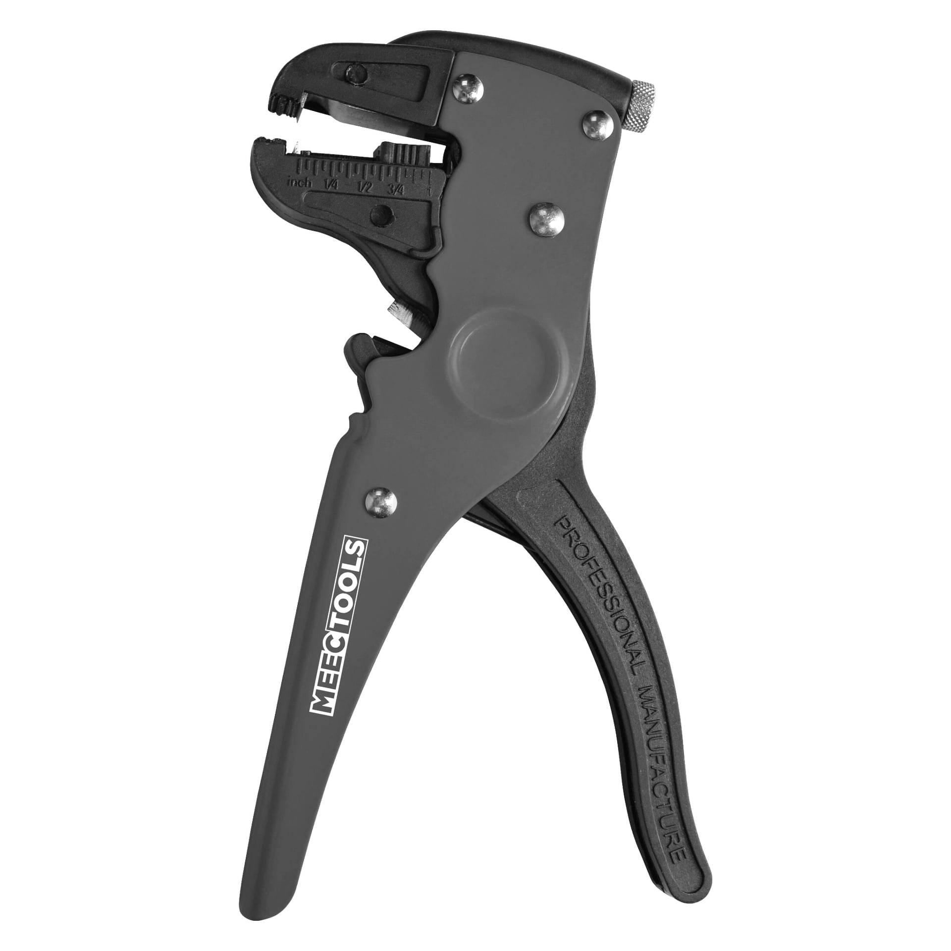 En grå Meec Tools kabelavtagare med justerbar mätare, med inskriptionerna "MEEC TOOLS" och "PROFESSIONAL MANUFACTURE" på handtaget.