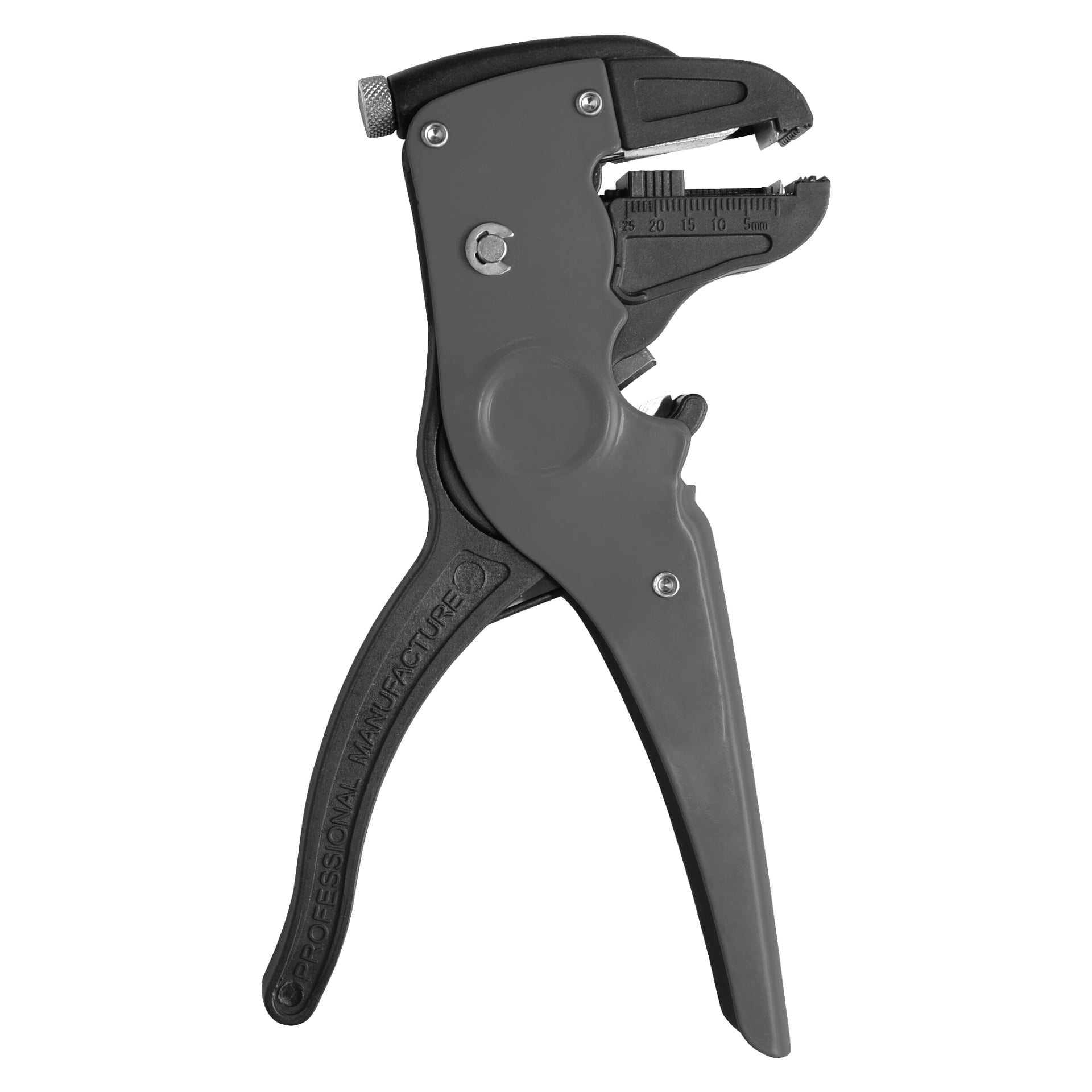 En svart och grå kabelavtagare från Meec Tools med måttmarkeringar och ett handtag märkt "Professional Manufacture."