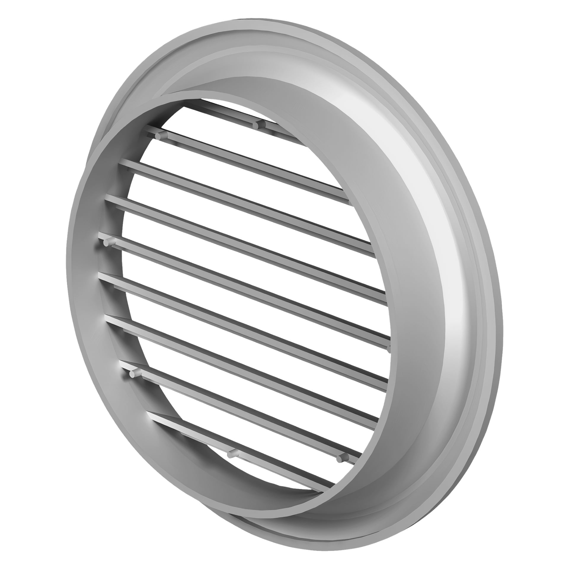 Ett rund, silverfärgat Anslut Valve-grillgaller av metall med jämnt fördelade horisontella ribbor. Bilden visar ventillocket i en vinkel, vilket framhäver dess ram och djup. Dess design möjliggör luftcirkulation samtidigt som större skräp blockeras från att komma in.
