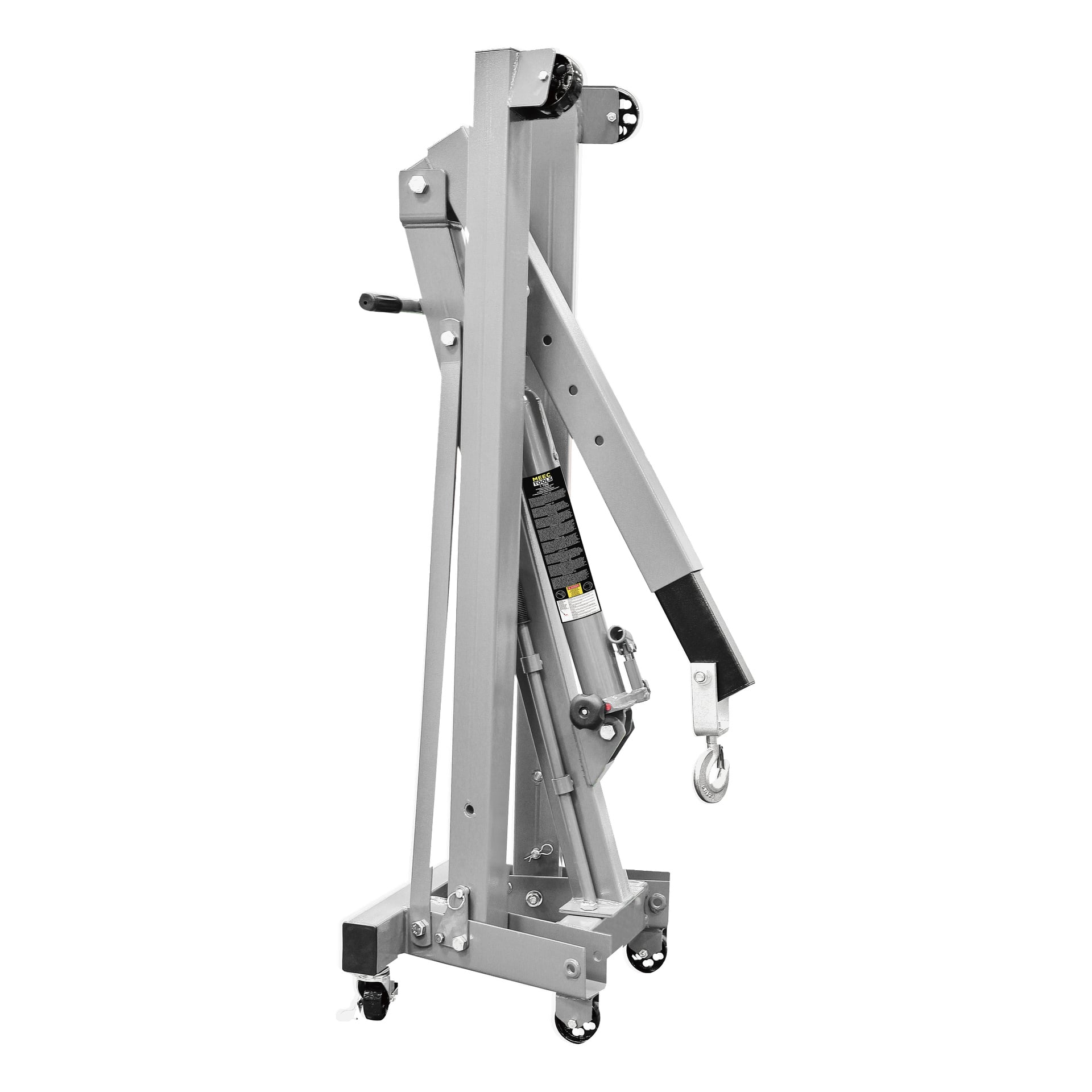 Złożony dźwig Meec Tools Workshop z kołami, cylindrem hydraulicznym i wysuwanym ramieniem zakończonym hakiem jest przedstawiony stojący pionowo, co ułatwia przechowywanie lub transport.