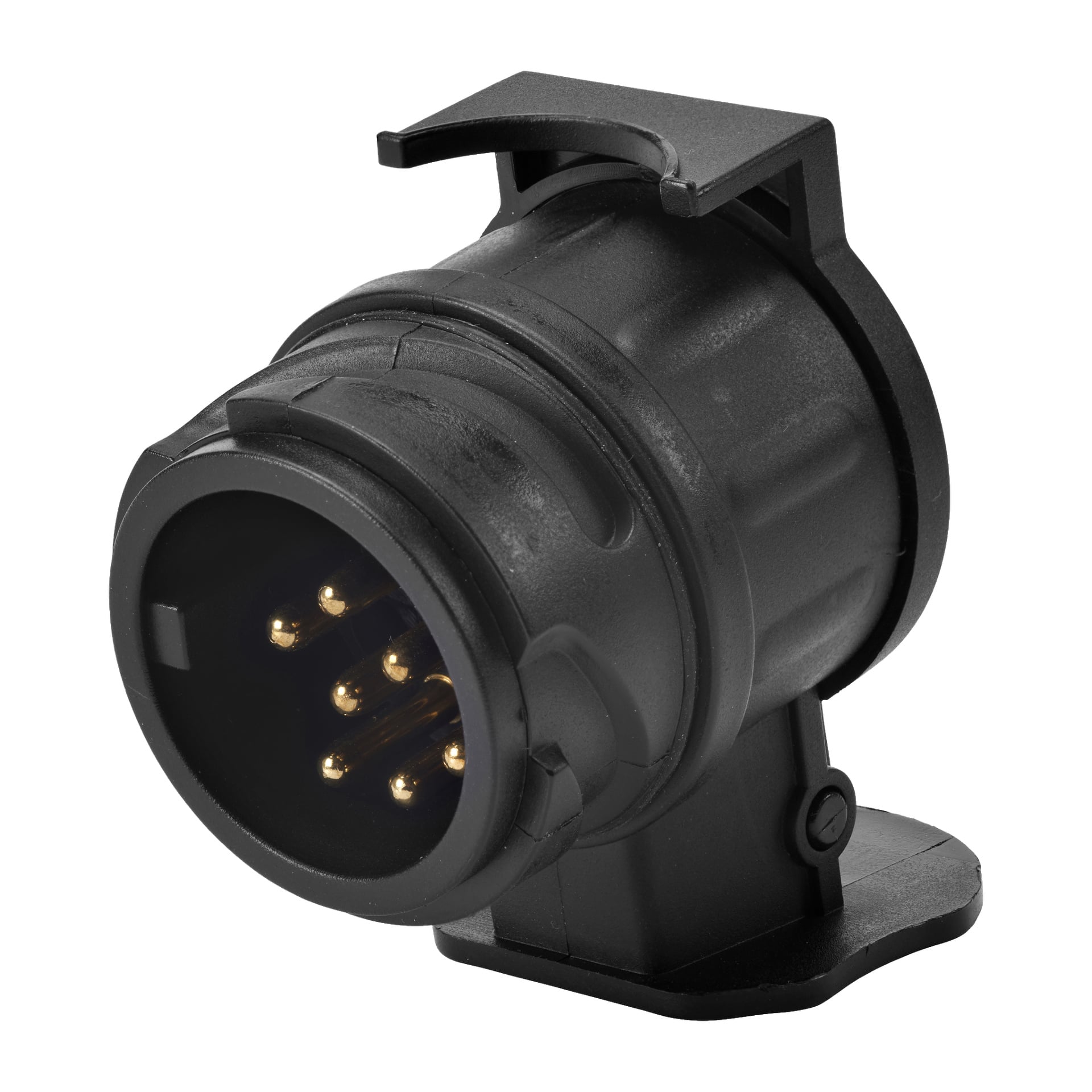 Adapter Hamron Trailer to czarne, cylindryczne złącze elektryczne z siedmioma złotymi pinami i zawiasową osłoną, typowo używane do okablowania przyczep. Pokazana jest pod lekkim kątem.