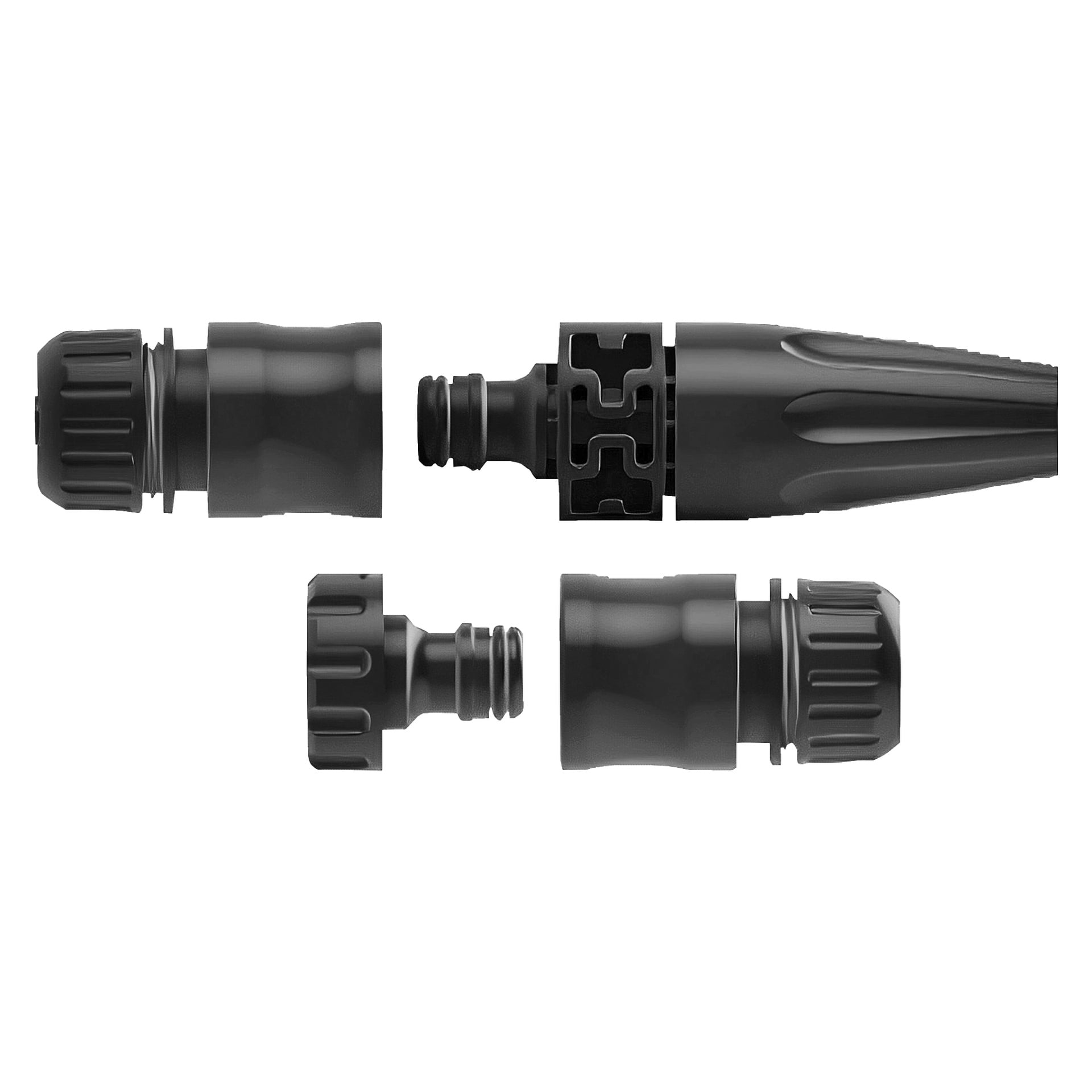 Fem svarta plastslangkopplingar från Hard Head Hose-kitets 5-delade set är arrangerade i två horisontella rader; Den övre raden visar vyer av kopplingarna både sammanfogade och åtskilda, medan den nedersta raden visar två separata, osammanhängande delar.