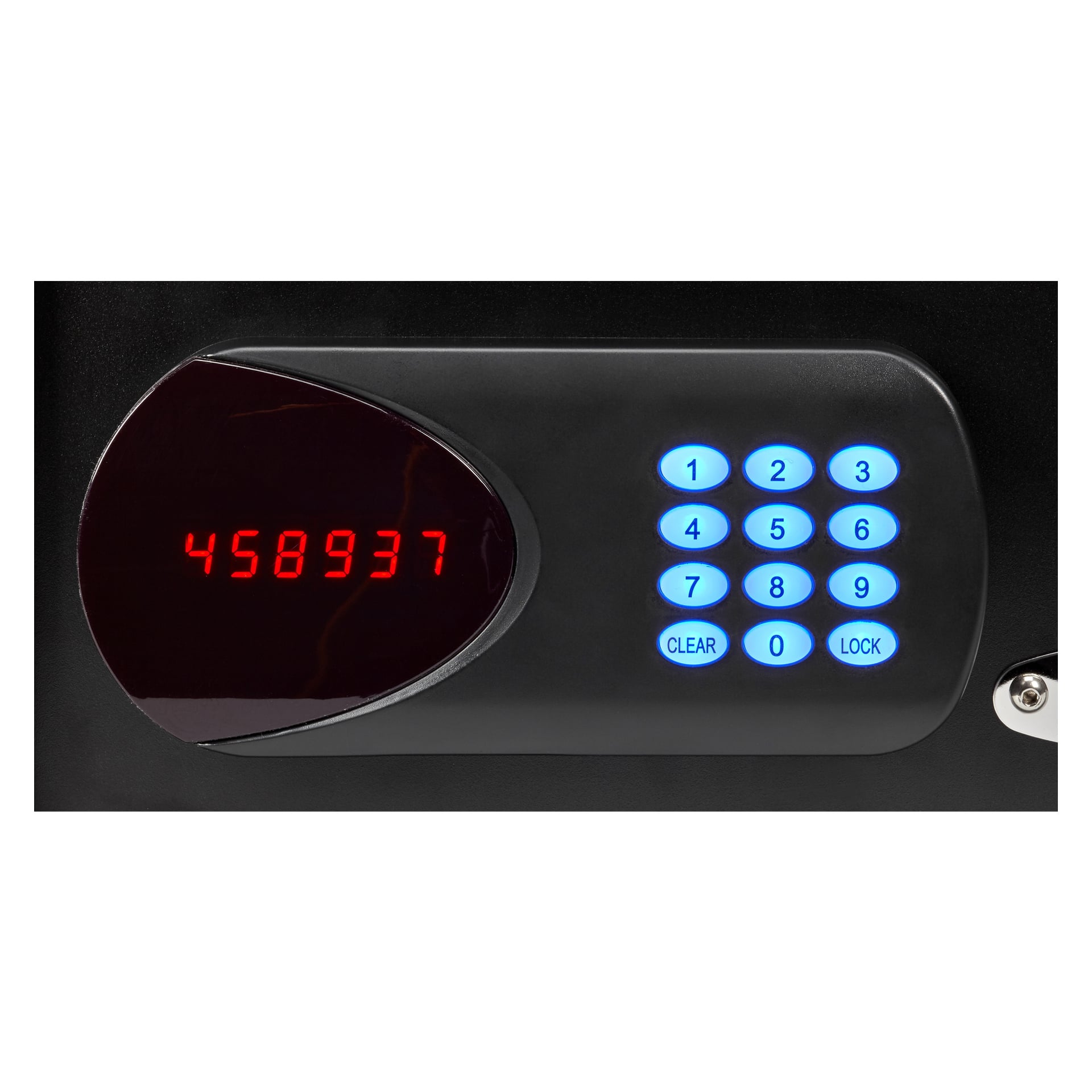 Szczegółowy widok elektronicznego zamka sejfu Hard Head, prezentujący świecącą niebieską klawiaturę z cyframi od 0 do 9, przyciski CLEAR i LOCK oraz cyfrowy wyświetlacz z numerem 458937.