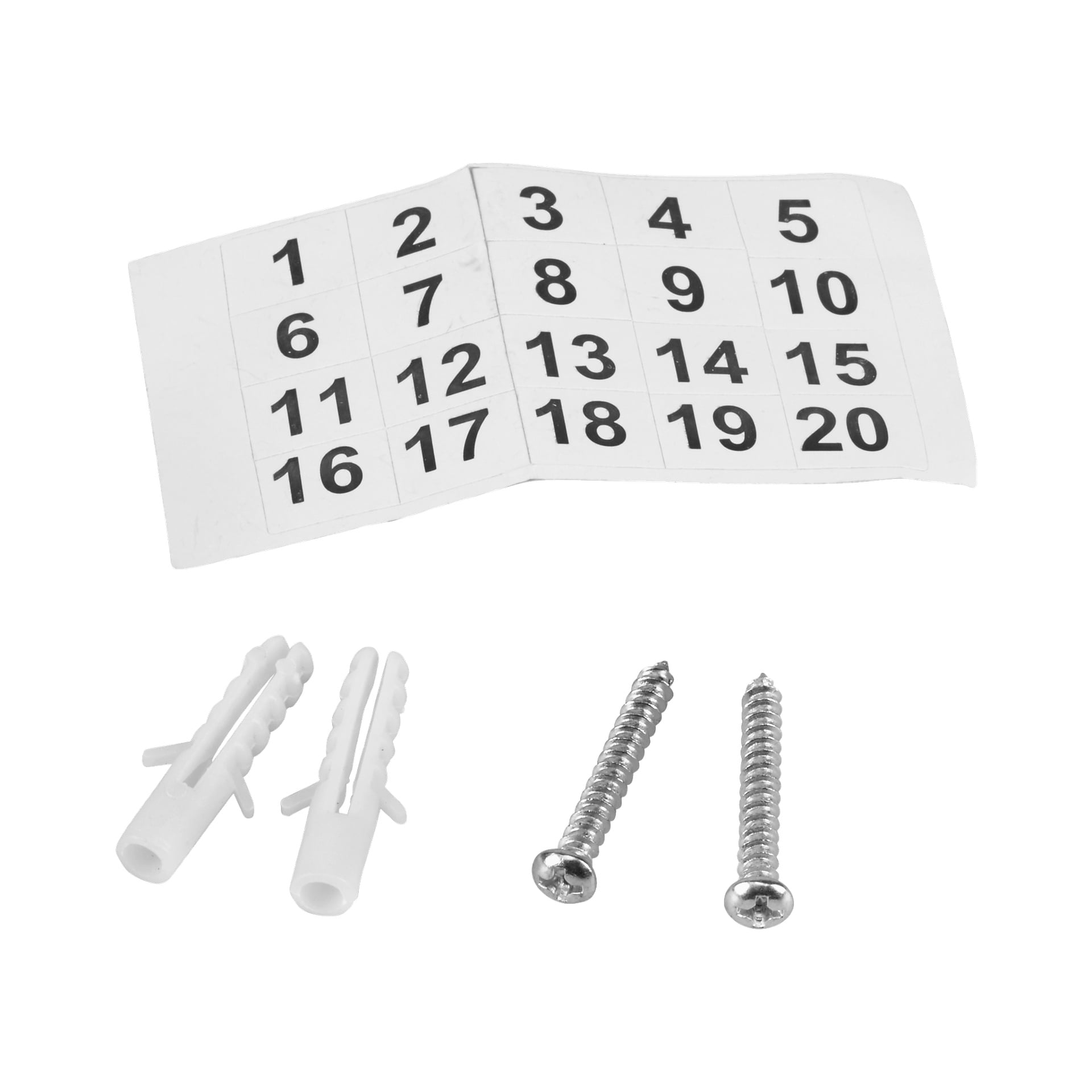 Et Hard Head-nøkkelskap vises med et ark med tallklistremerker fra 1 til 20, to hvite plastvegganker og to metallskruer.