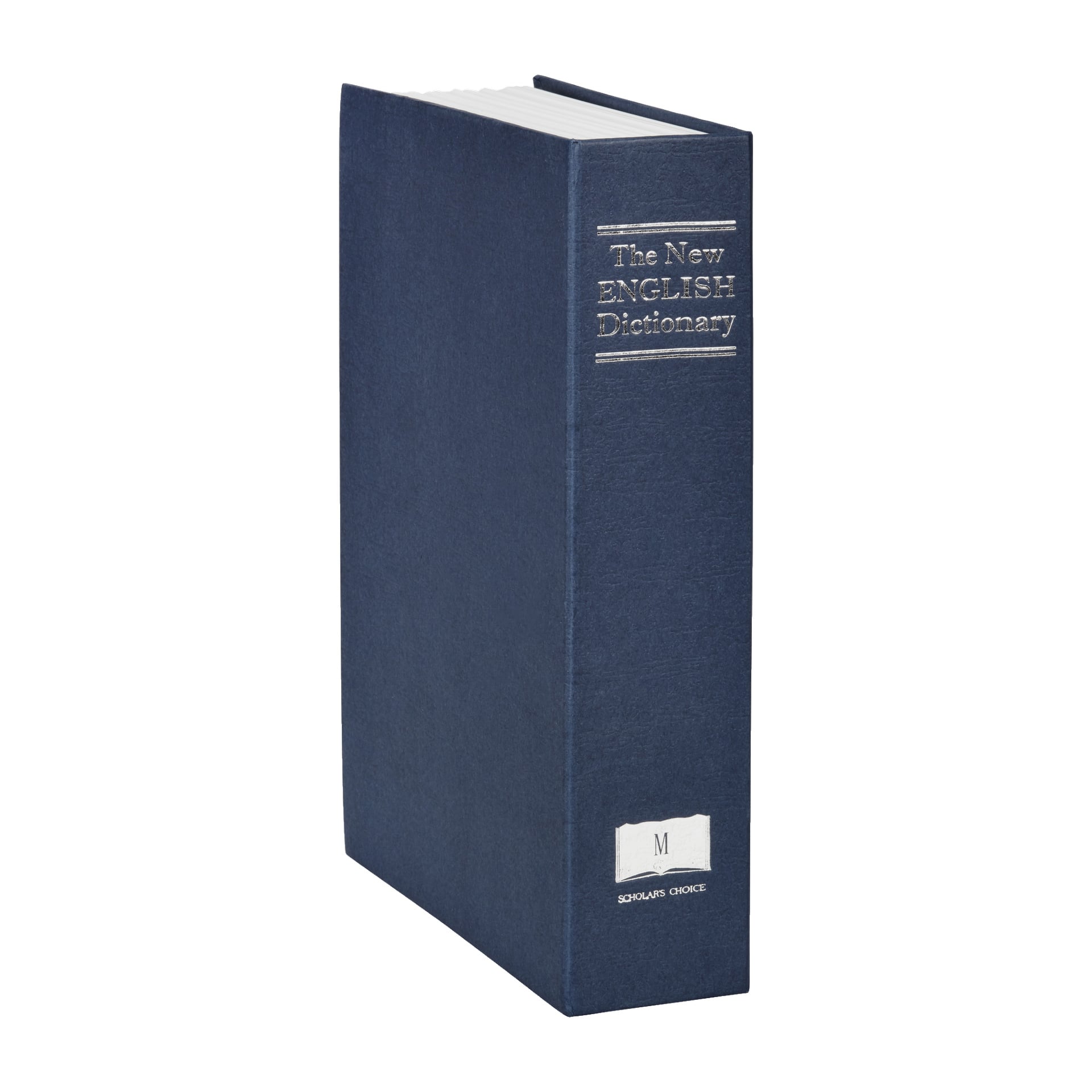 Solidne, ciemnoniebieskie twardookładkowe etui od Hard Head stoi pionowo, przypominając książkę z napisem "Cash box book" na grzbiecie. Biała etykieta z literą M pojawia się u podstawy grzbietu.